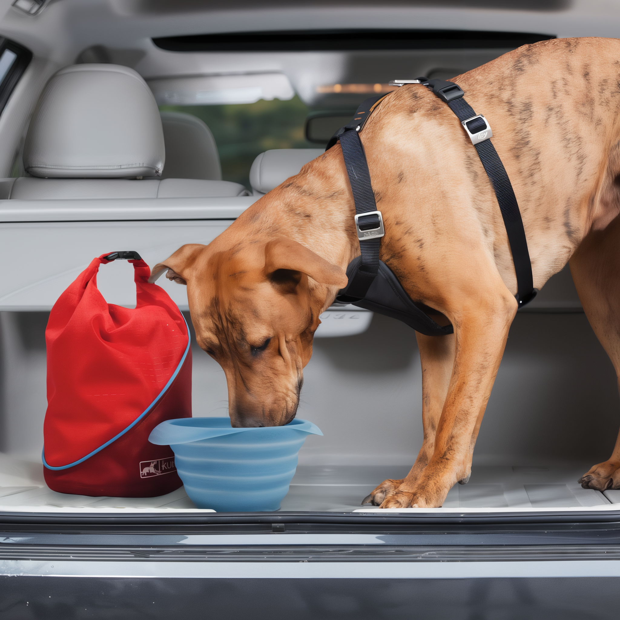 Dog eating from a collapsible bowl beside the Kurgo Kibble Carrier in a car cargo area