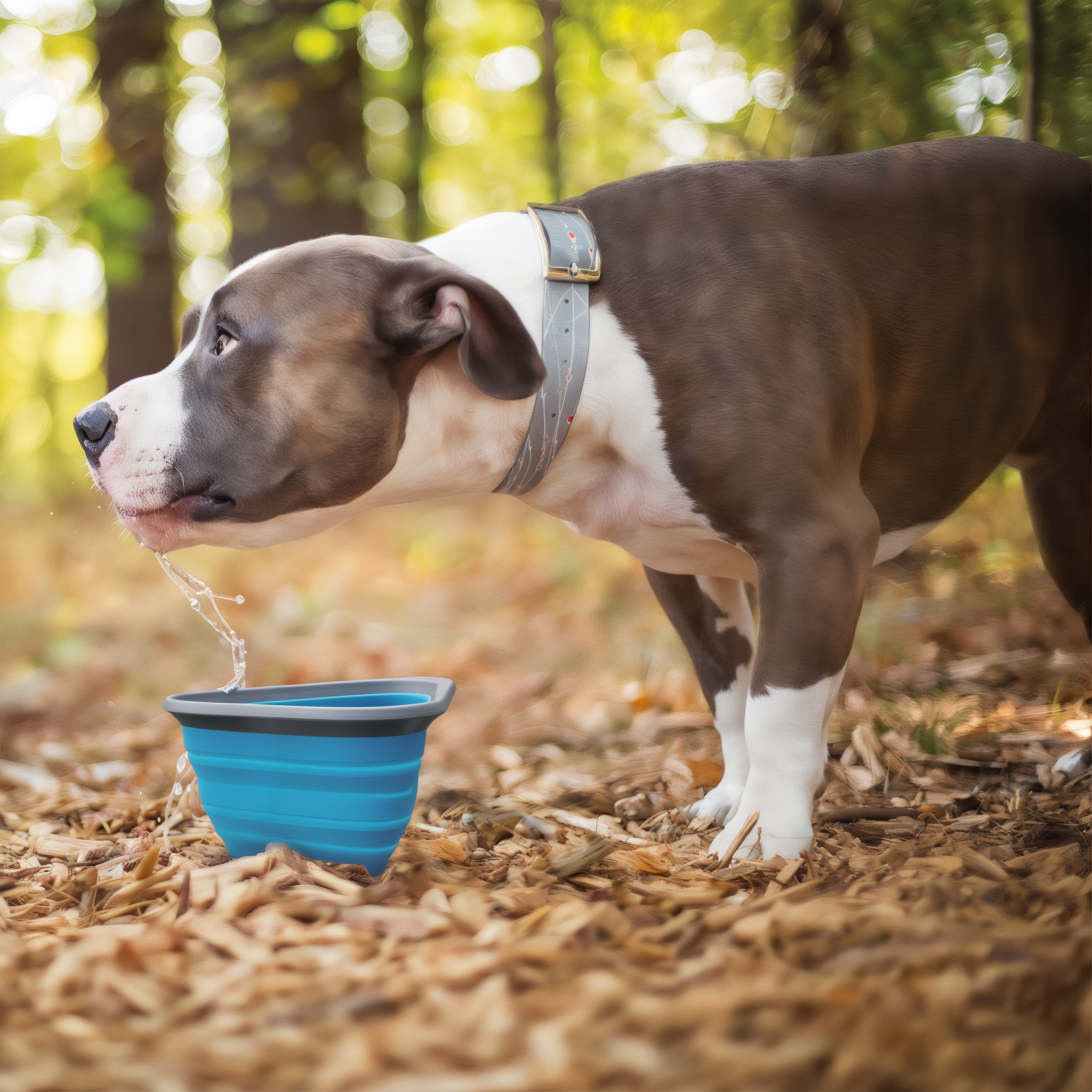 Dog drinking water from the Kurgo Mash N Stash collapsible bowl outdoors
