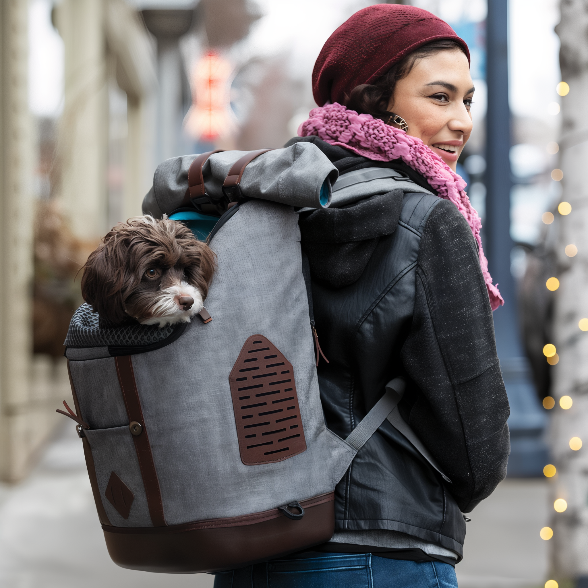 Owner carrying a dog through the city in the Kurgo Rucksack
