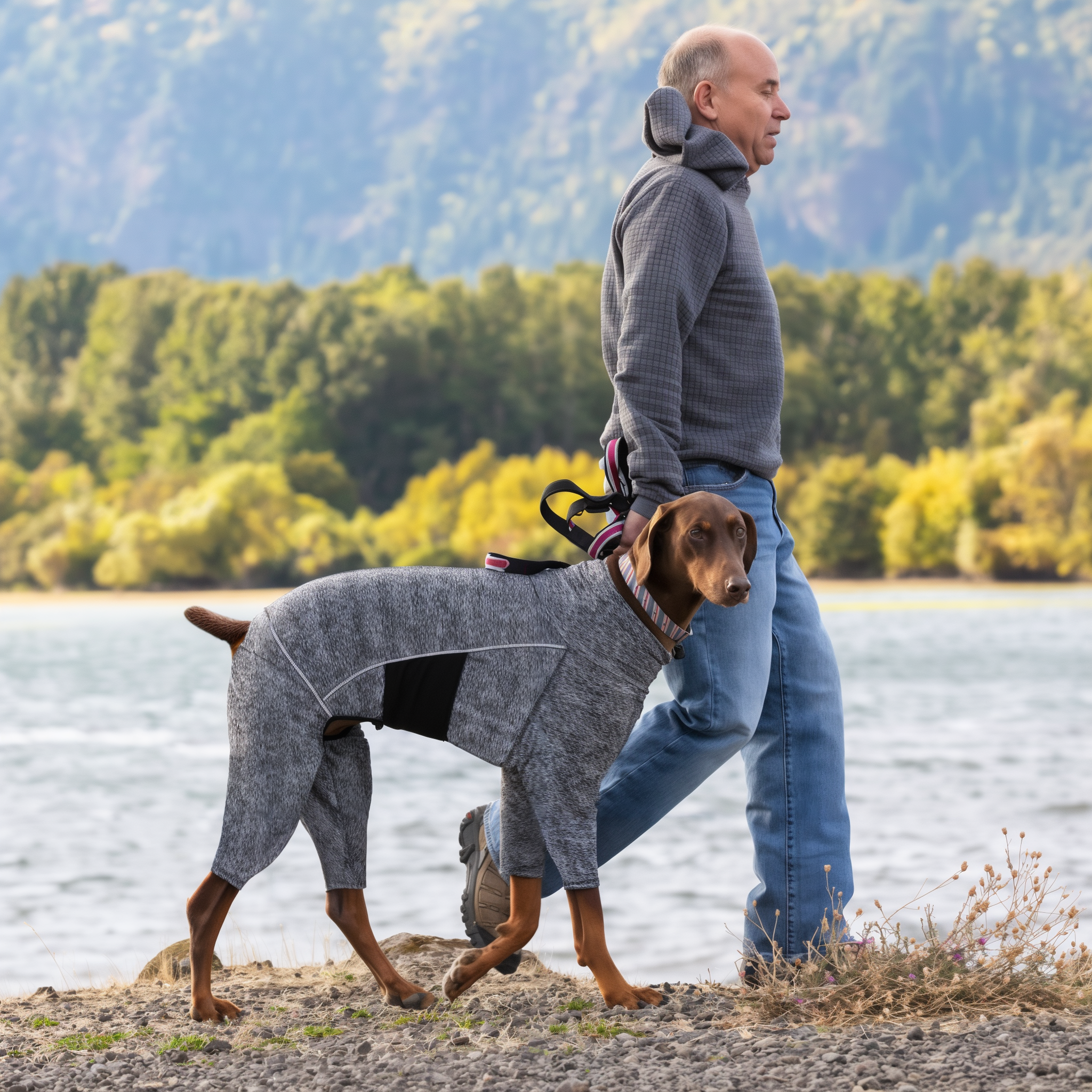 Dog walking on a leash in the Stowe Base Layer