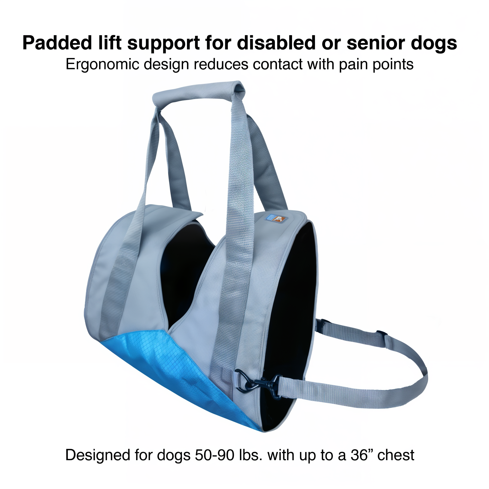 Feature callouts for the Kurgo Up and About Dog Lifter padded support