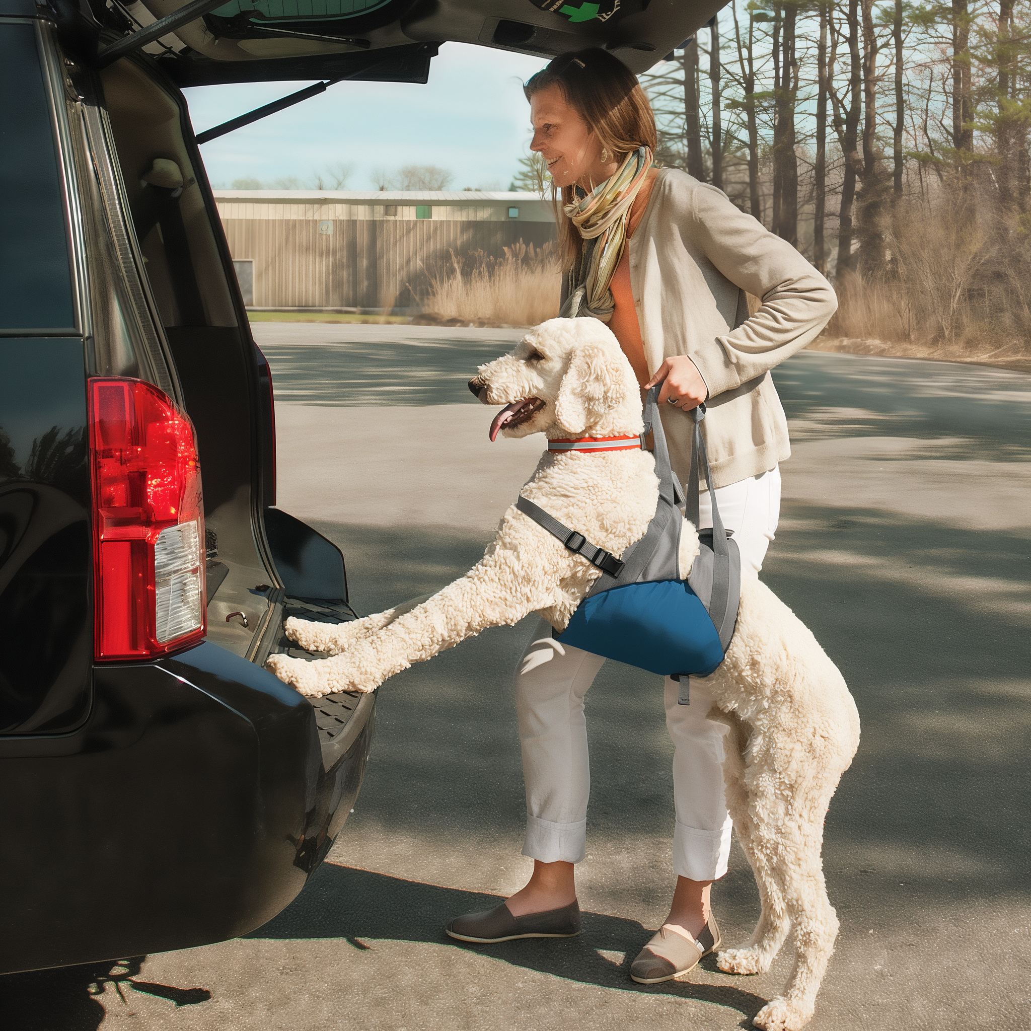 Dog being lifted into an SUV cargo area with the Kurgo Dog Lifter