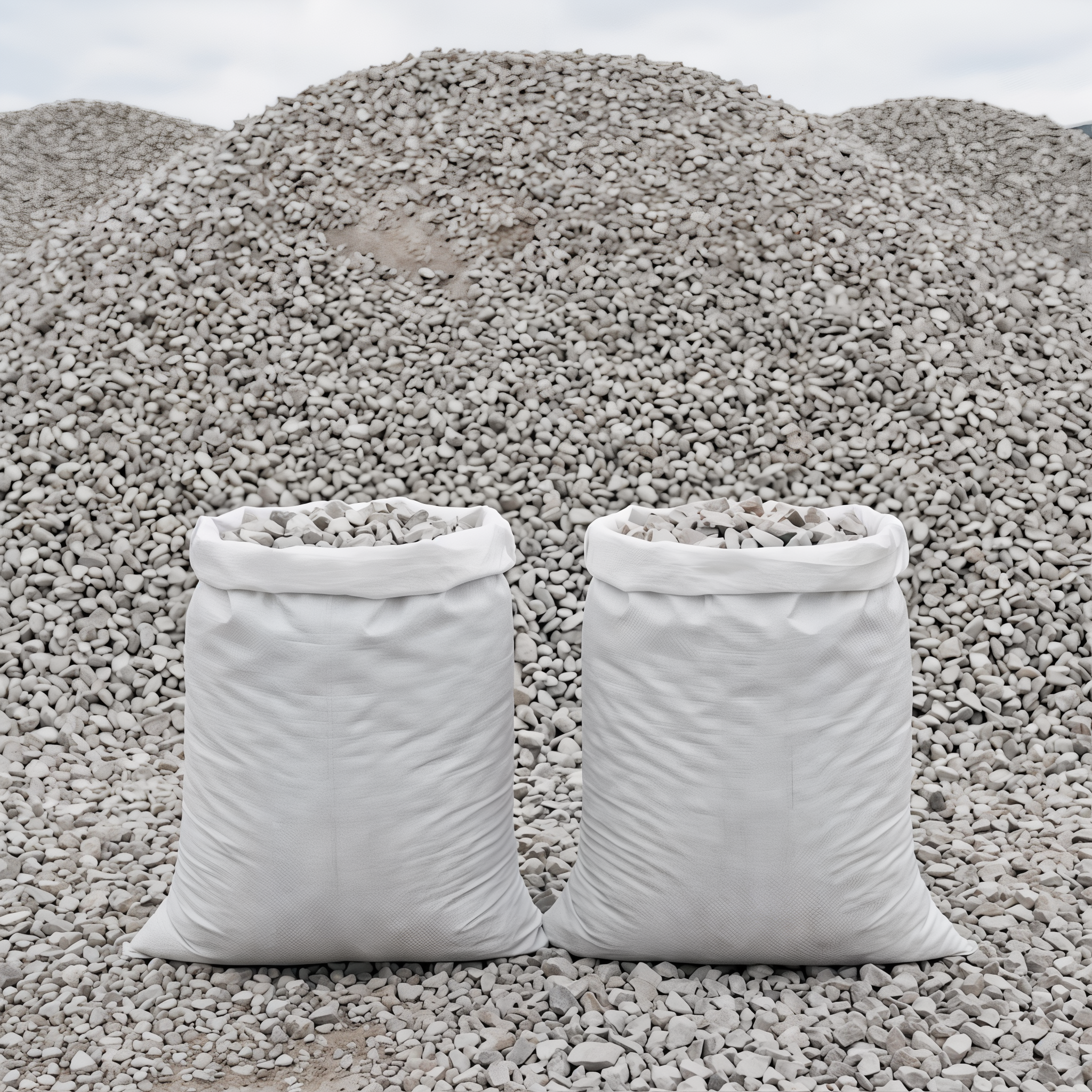 Light Grey Stone in 50 lb bags in front of a stone pile, 3/4 inch size