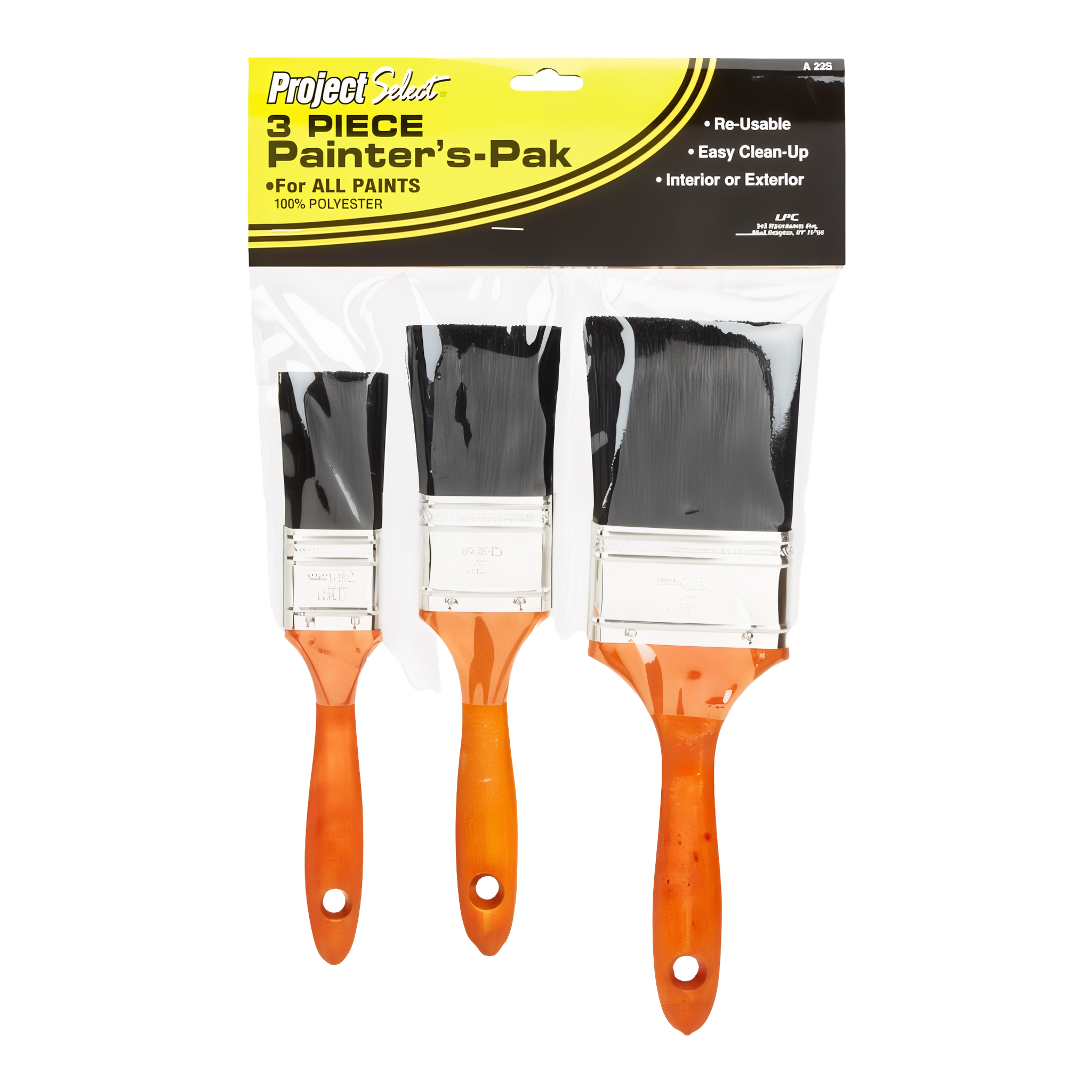 Linzer Project Select 3-piece painter's pak with 1-1/2 inch 2 inch and 3 inch polyester flat brushes on transparent background