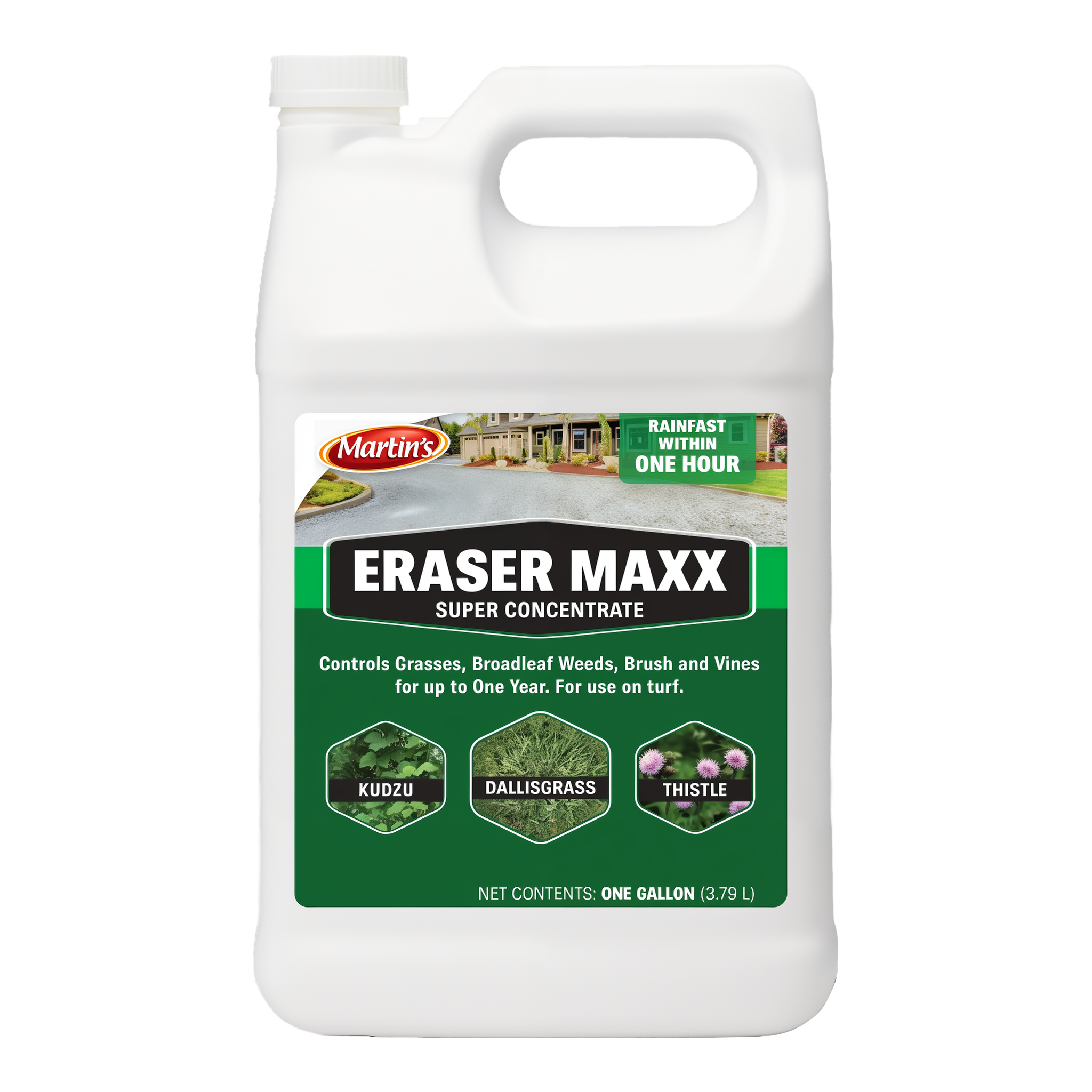 Martin's Eraser Maxx Super Concentrate Herbicide 1 gallon white jug with green Martin's label, non-selective total vegetation killer #1 GAL