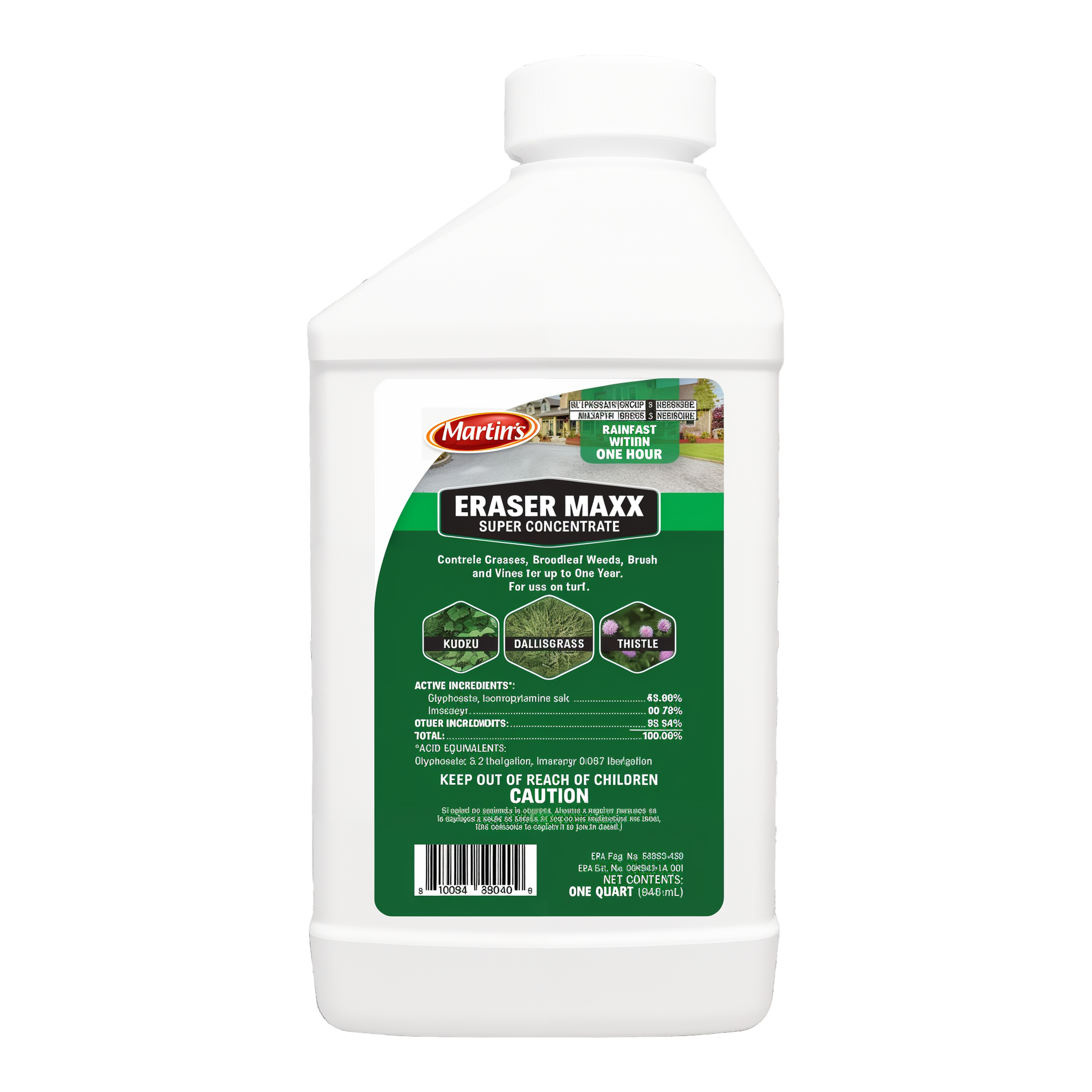 Martin's Eraser Maxx Super Concentrate Herbicide 1 quart white bottle with green Martin's label, glyphosate plus imazapyr weed grass brush and vine killer #1 QT