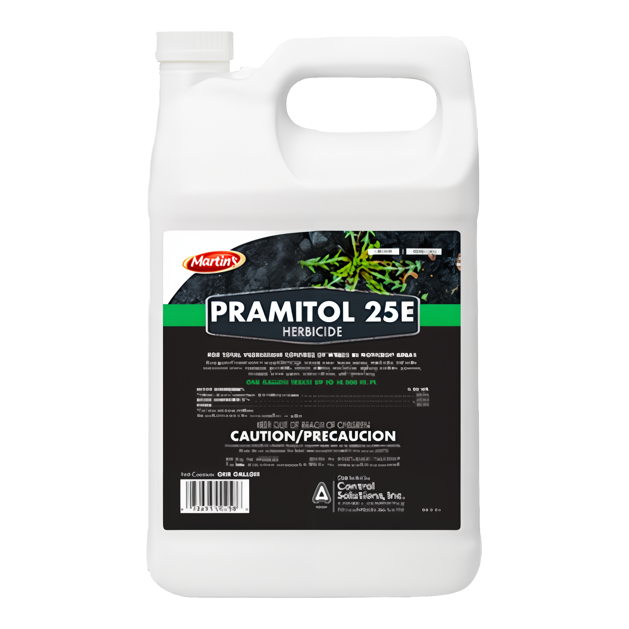 Martin's Pramitol 25E Herbicide — current black-label 1 gallon HDPE jug with Martin's red logo top-left, green PRAMITOL 25E HERBICIDE branding, CAUTION/Precaucion signal word, distributed by Control Solutions, Inc., EPA Reg 66222-22
