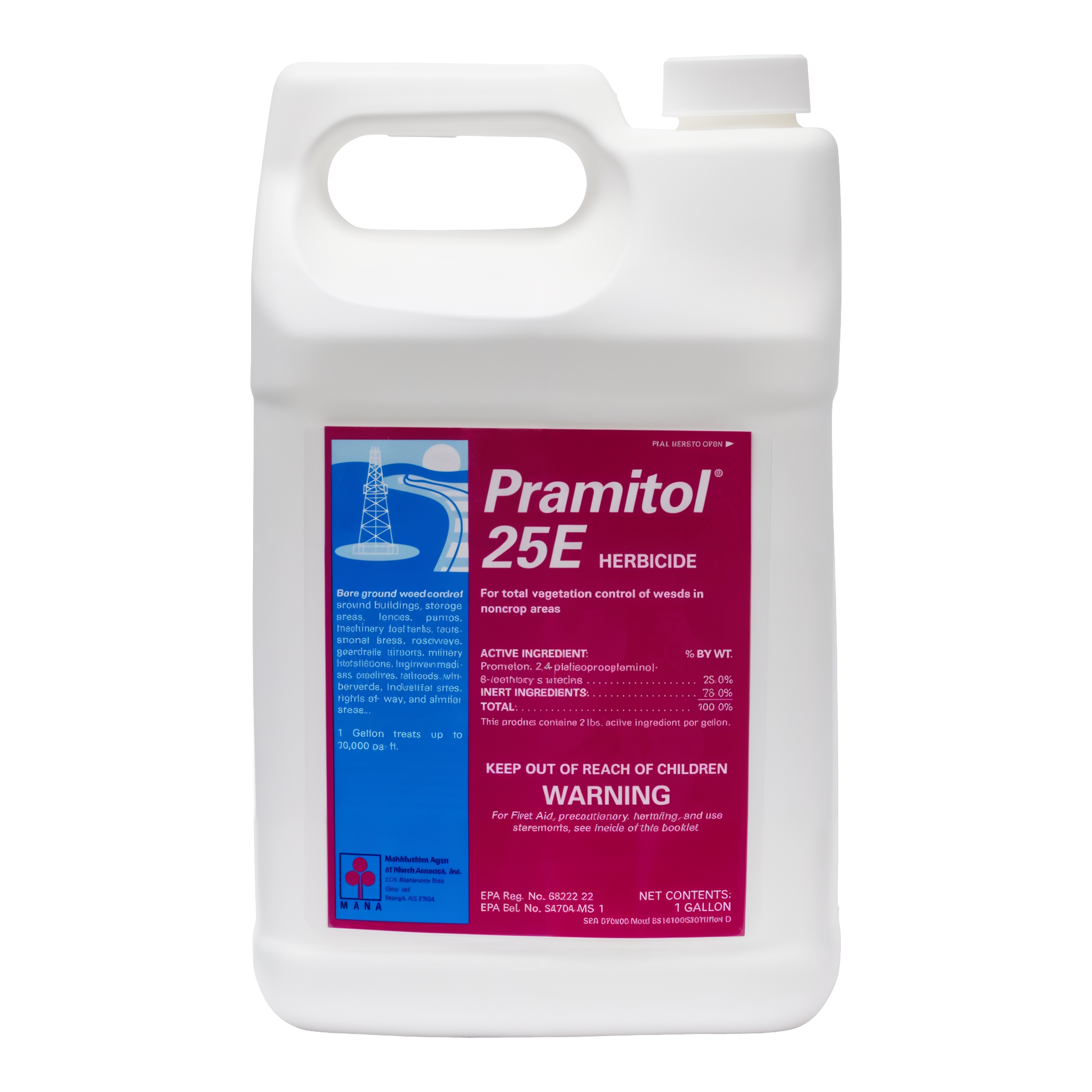 Martin's Pramitol 25E Herbicide — legacy magenta-label 1 gallon HDPE jug with blue industrial-site graphic (oil derrick and highway), 25% Prometon active ingredient panel, WARNING signal word, distributed by Makhteshim Agan / MANA (older packaging still in circulation)