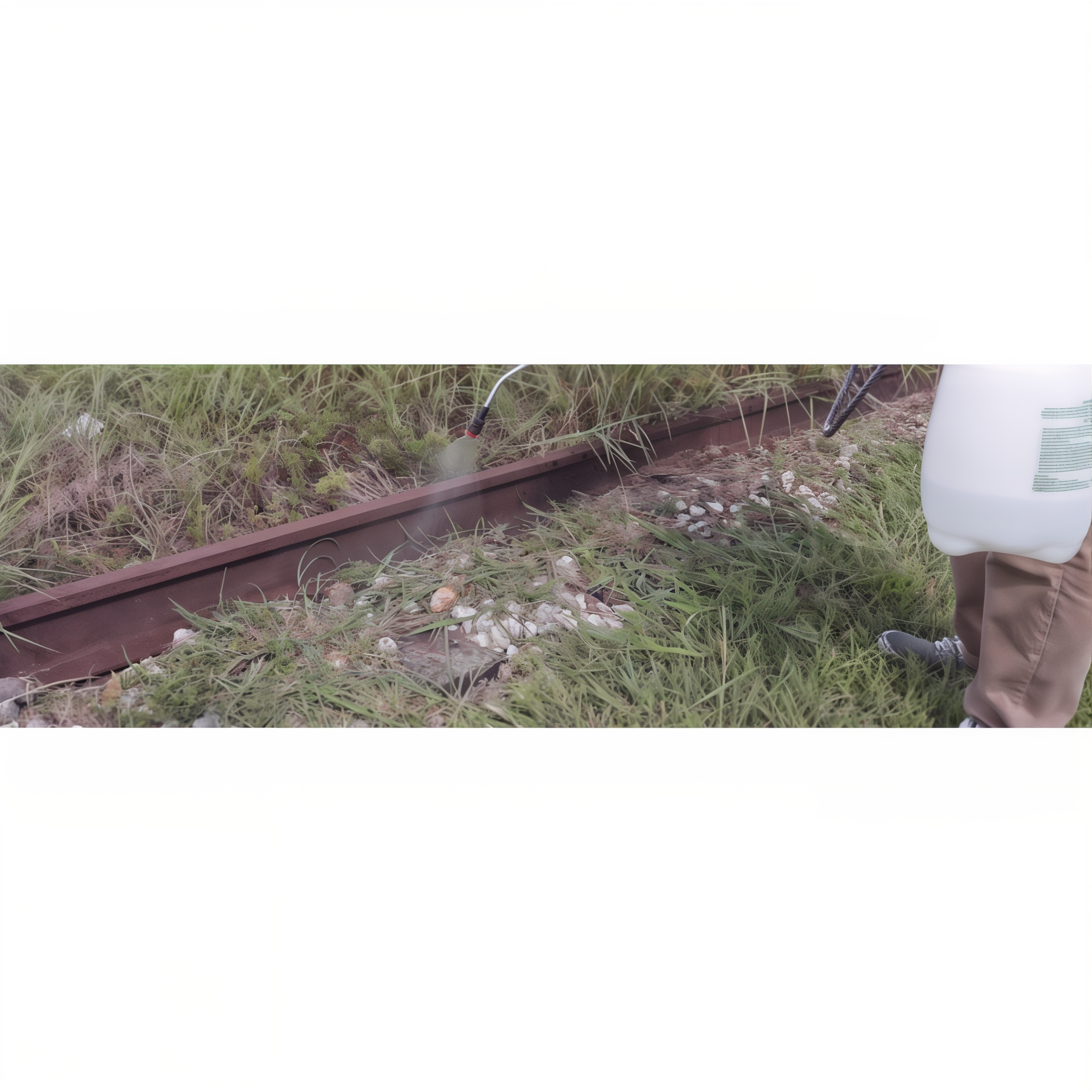 Lifestyle image — applicator using a backpack-sprayer wand to apply Pramitol 25E along an active railroad track, killing weeds and grasses growing between ties and ballast (one of the labeled bare-ground use sites)