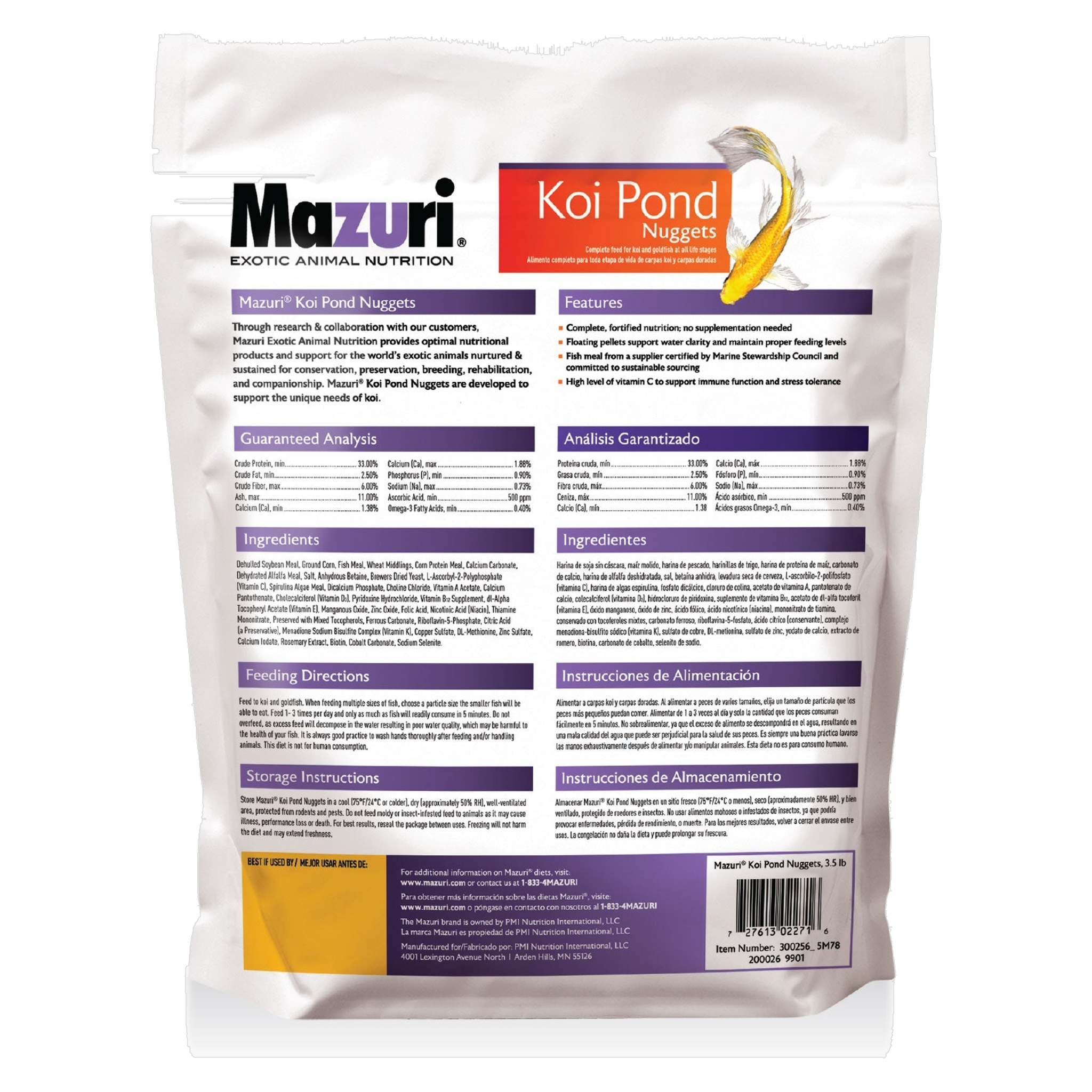 Back of the Mazuri Koi Pond Nuggets bag with guaranteed analysis, ingredients, and feeding directions