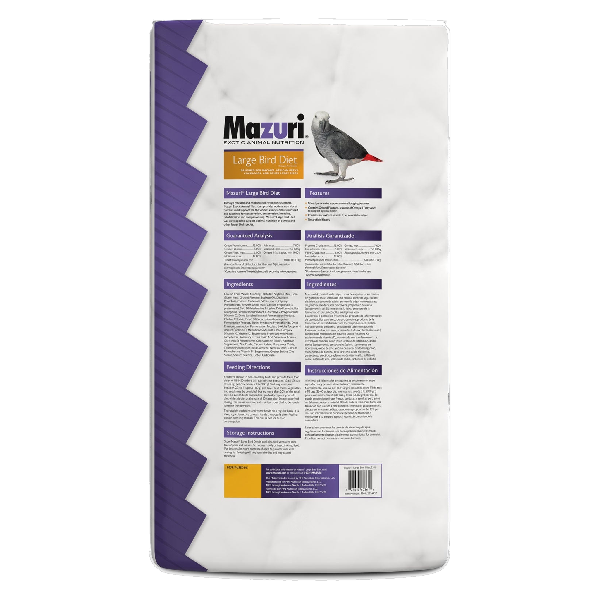 Back of the Mazuri Large Bird Diet bag with guaranteed analysis, ingredients, and feeding directions