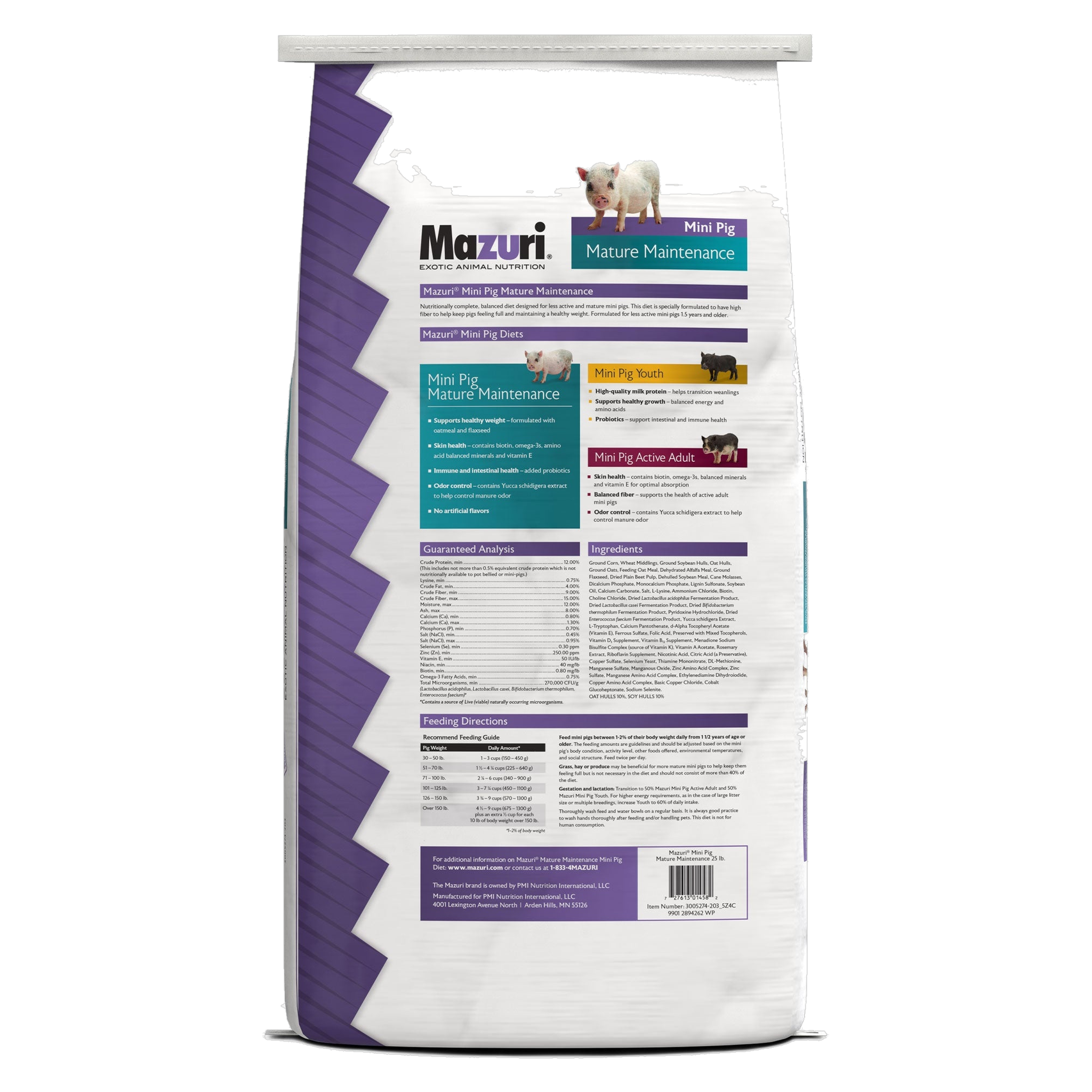 Back of the Mazuri Mini Pig Mature Maintenance bag with guaranteed analysis, ingredients, and feeding directions