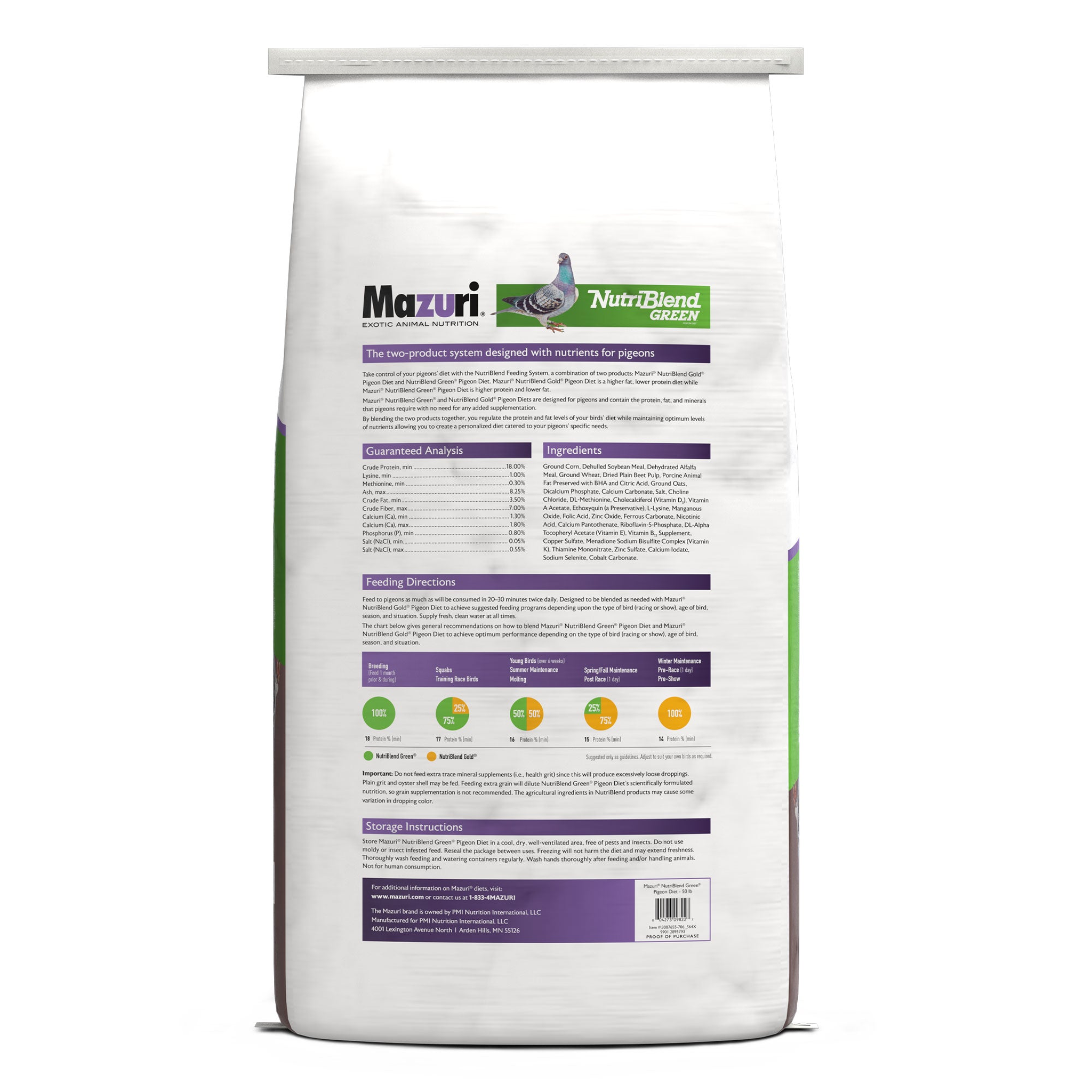 Back of the Mazuri NutriBlend Green bag with guaranteed analysis, ingredients and feeding directions