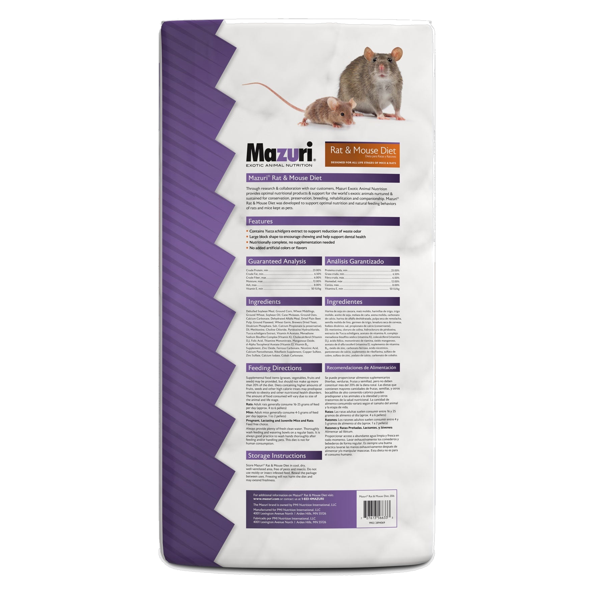 Back of the Mazuri Rat & Mouse Diet bag with guaranteed analysis, ingredients, and feeding directions