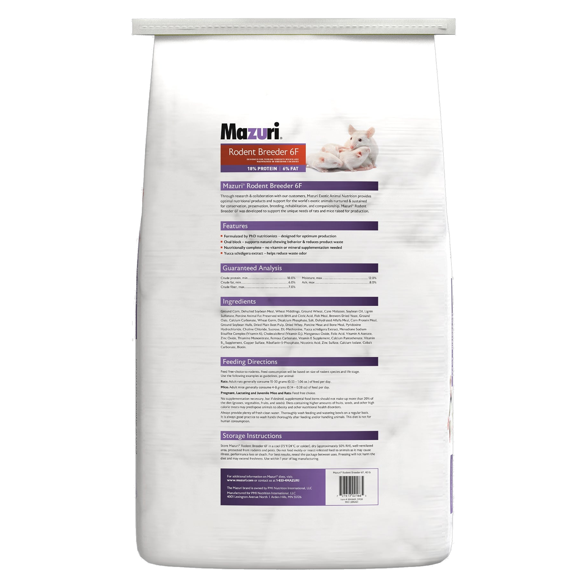 Back of the Mazuri Rodent Breeder 6F bag with guaranteed analysis and ingredients