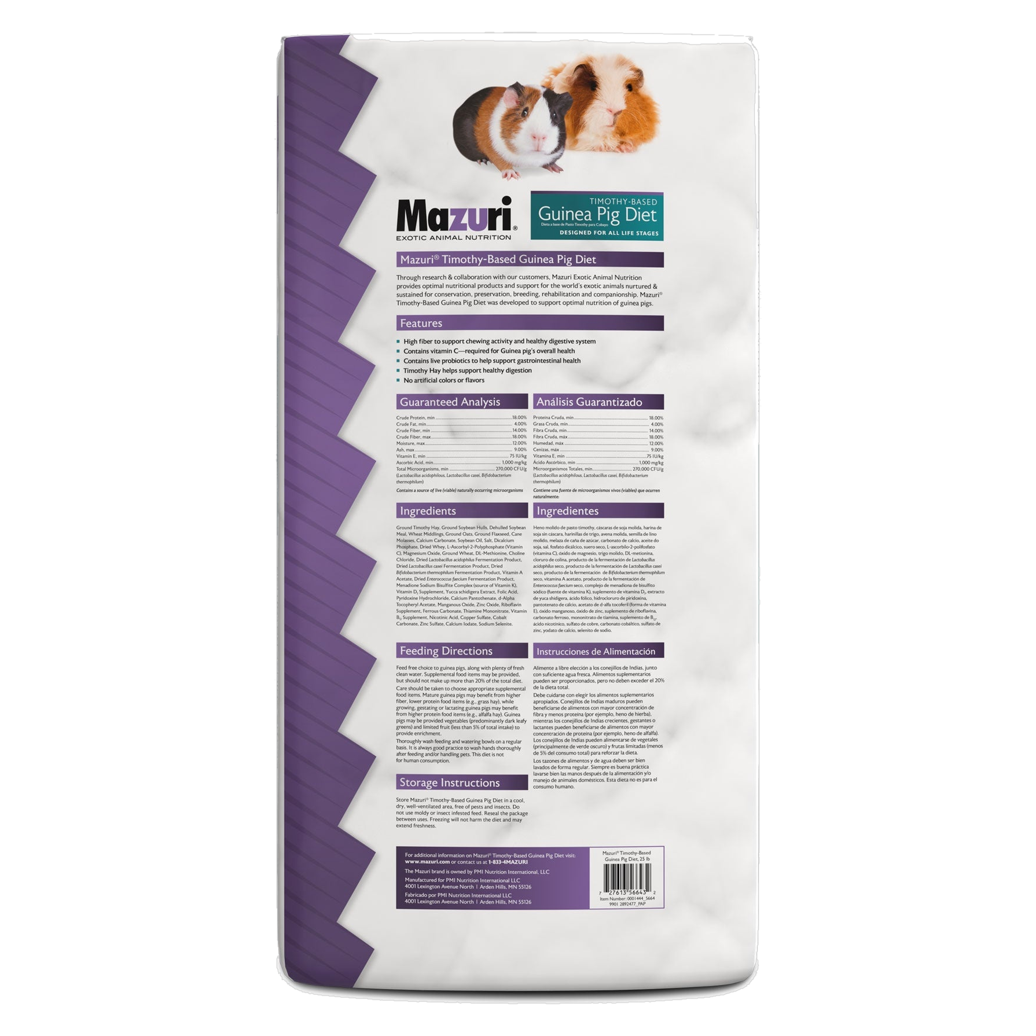 Back of the Mazuri Timothy Hay-Based Guinea Pig Diet bag with guaranteed analysis, ingredients, and feeding directions