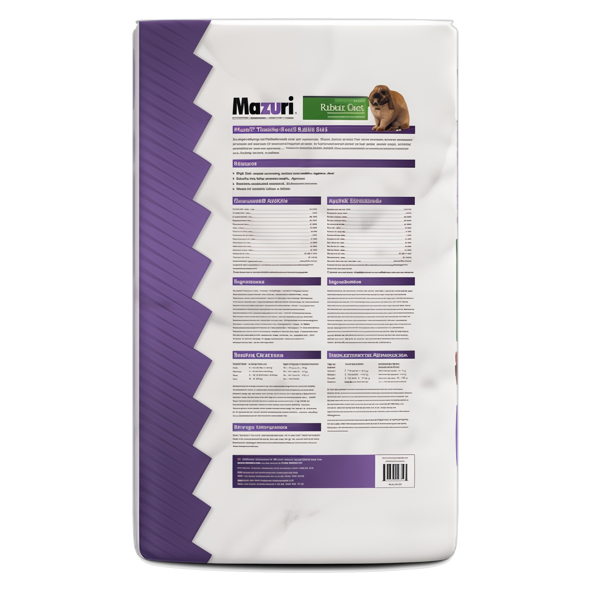 Back of the Mazuri Timothy-Hay Based Rabbit Diet bag with guaranteed analysis, ingredients, and feeding directions