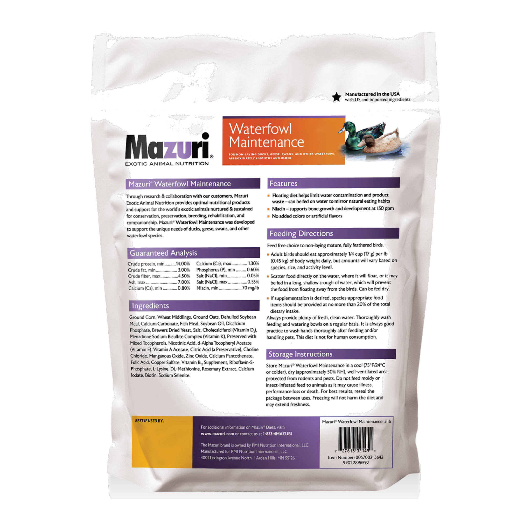 Back of the Mazuri Waterfowl Maintenance Diet 5 lb pouch