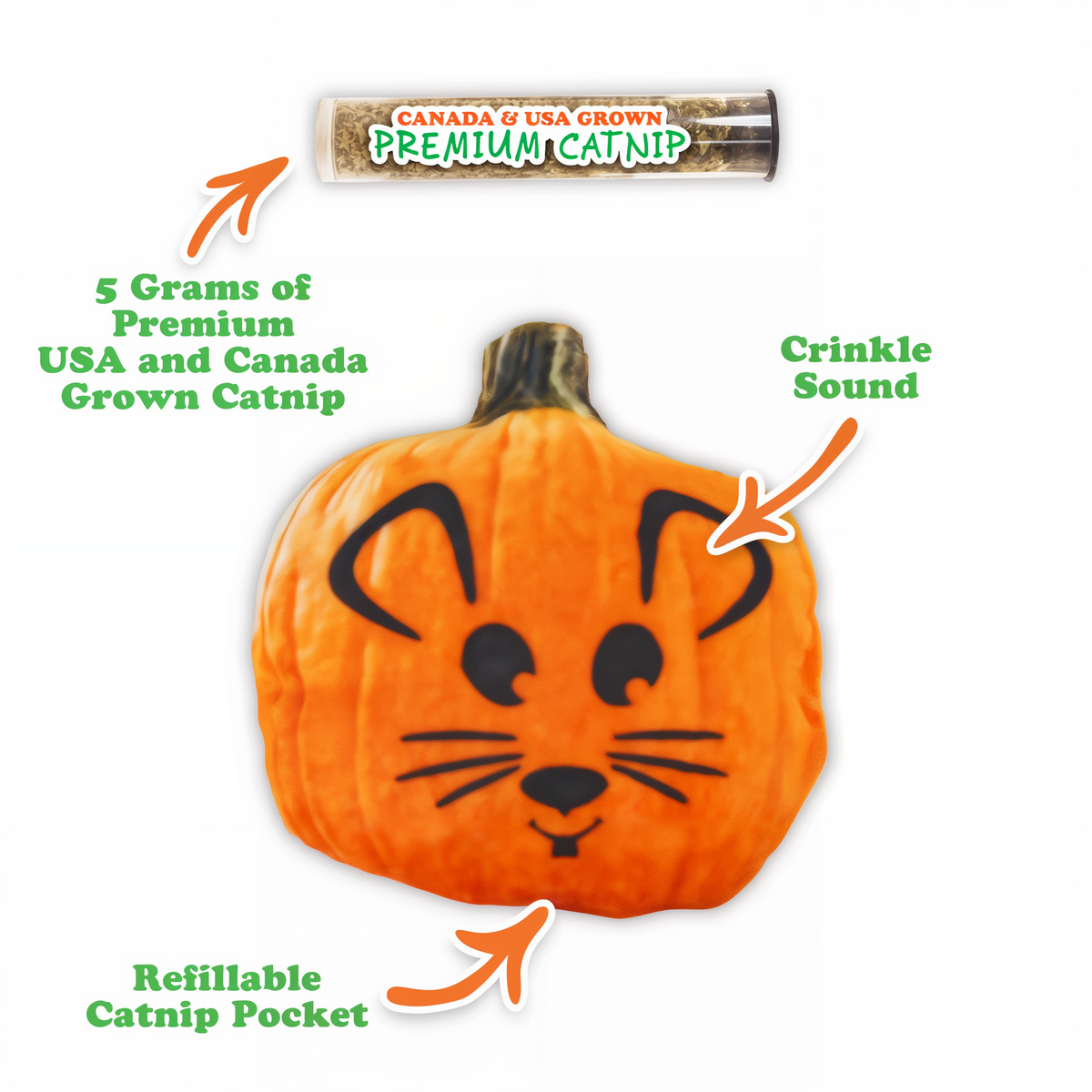 Mouse-O-Lantern pumpkin cat toy features crinkle sound refillable catnip pocket and 5 grams of catnip