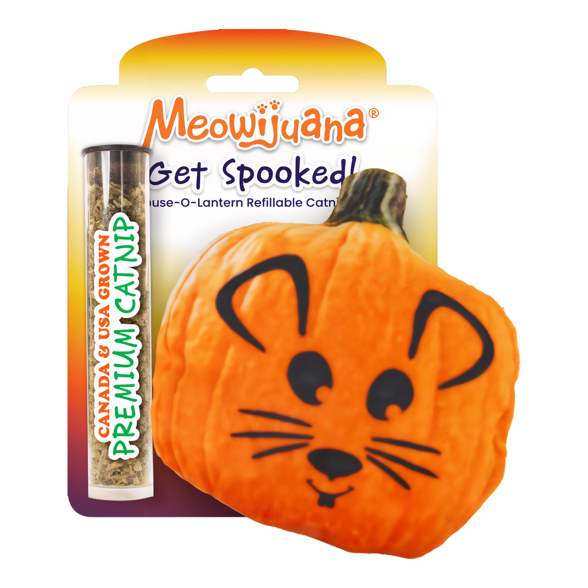 Meowijuana Get Spooked Mouse-O-Lantern refillable catnip cat toy in package with catnip tube