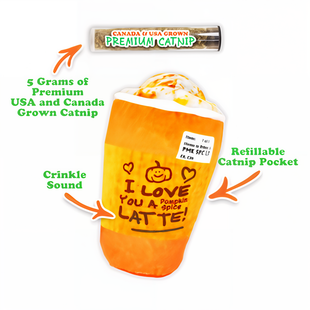 Pumpkin Spice Latte cat toy features crinkle sound refillable catnip pocket and 5 grams of catnip