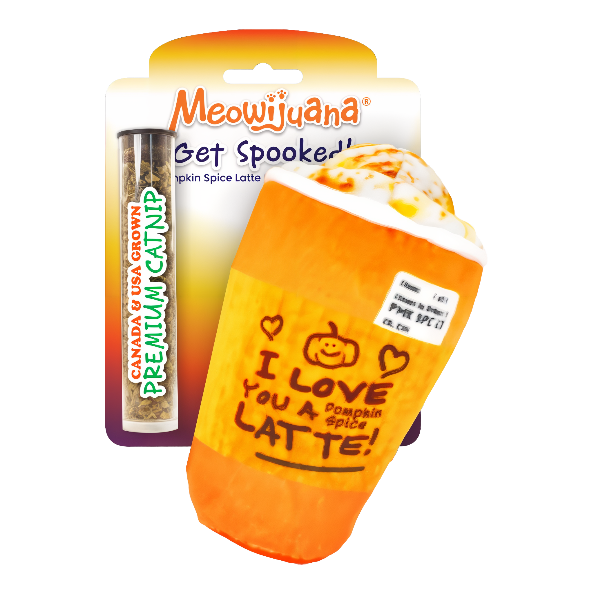 Meowijuana Get Spooked Pumpkin Spice Latte refillable catnip cat toy in package with catnip tube