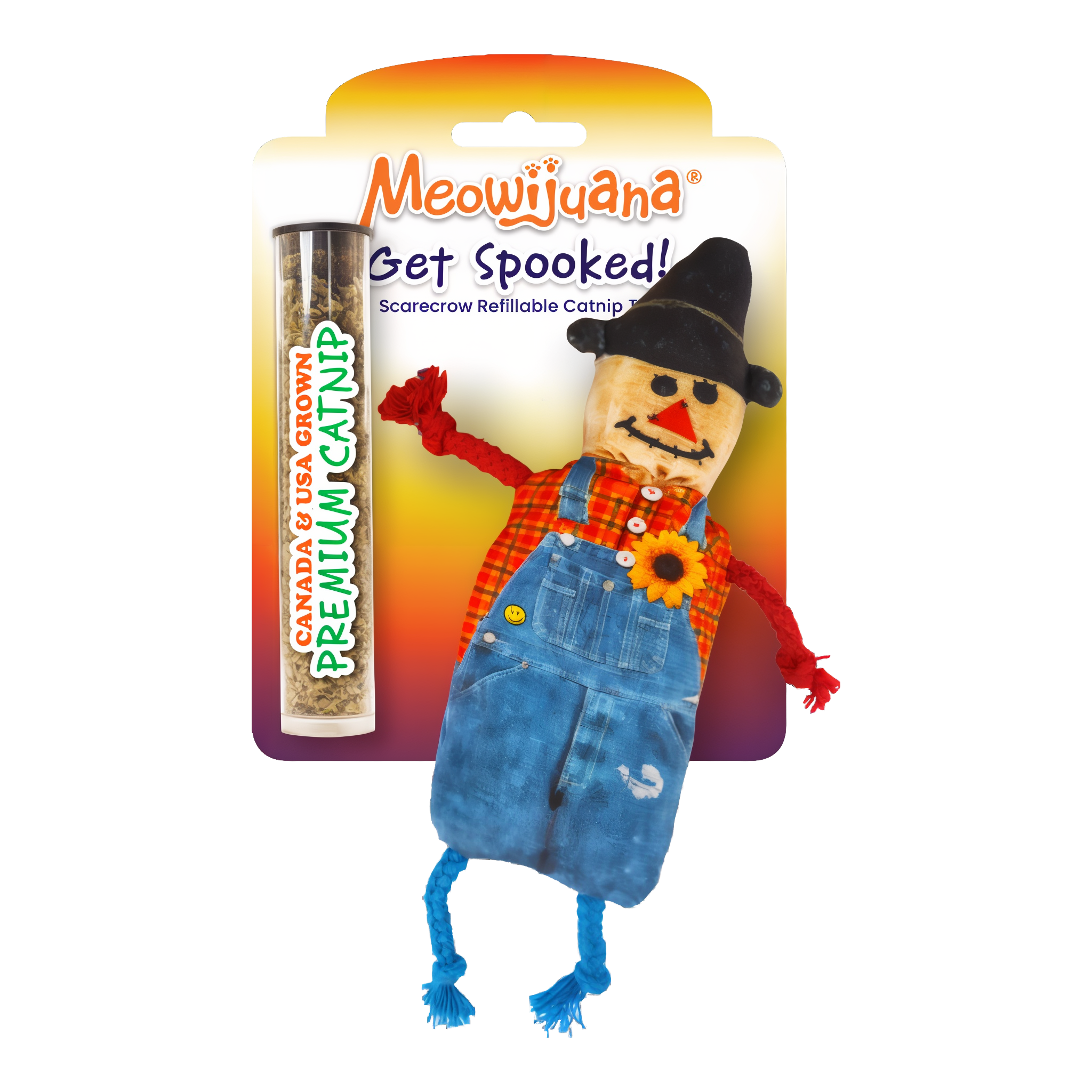 Meowijuana Get Spooked Scarecrow refillable catnip cat toy in package with catnip tube