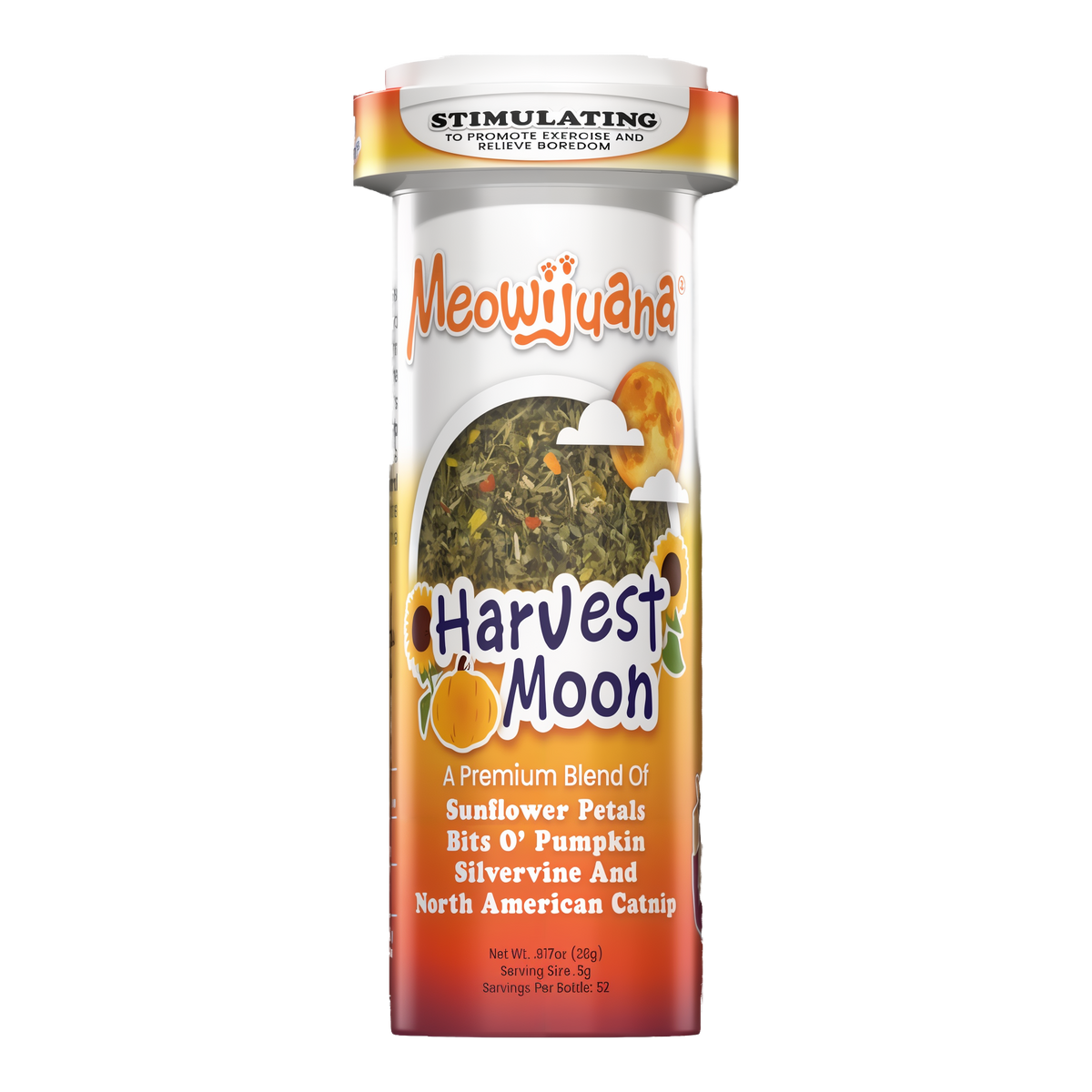 Meowijuana Harvest Moon catnip blend bottle with silvervine pumpkin and sunflower petals