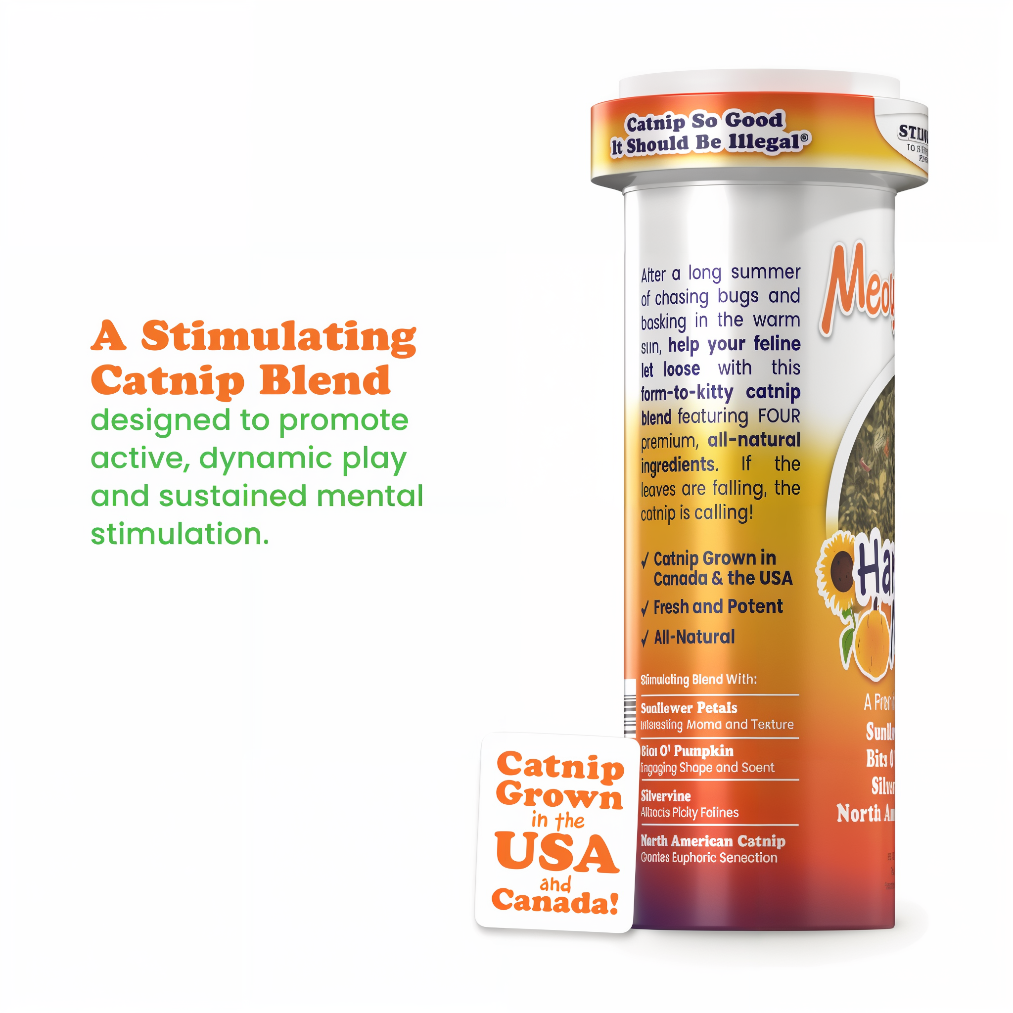 Harvest Moon stimulating catnip blend bottle with catnip grown in the USA and Canada