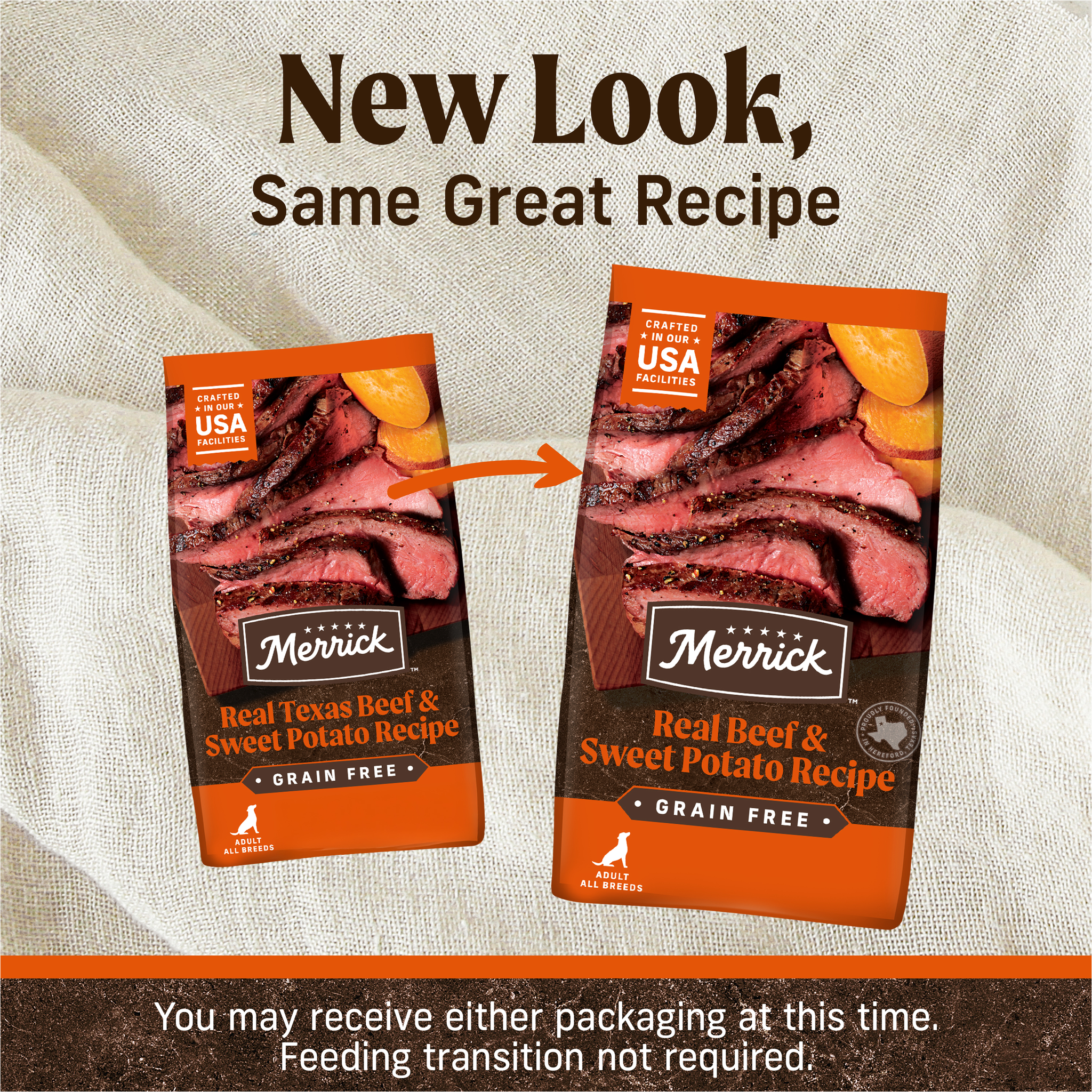 Old and new packaging for Merrick Grain Free Real Beef and Sweet Potato Recipe with note that the recipe is unchanged