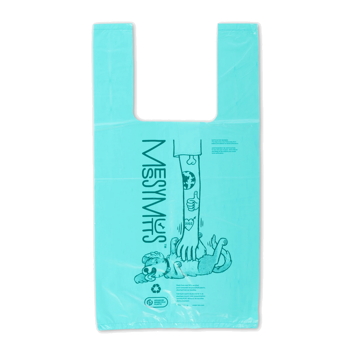 Single teal Messy Mutts Advanced BioRecycle poop bag with easy tie up handles laid flat