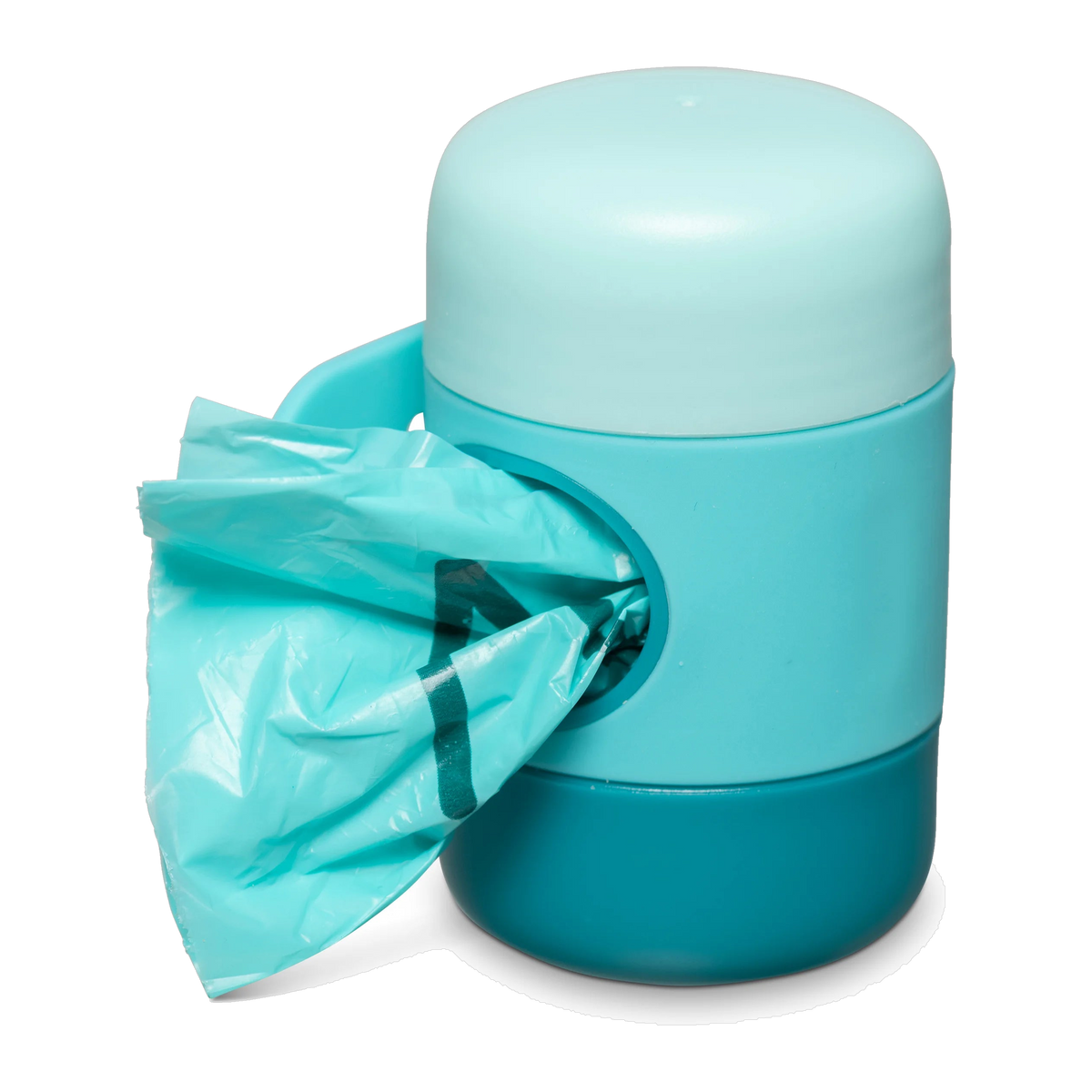 Teal poop bag being pulled from the side slot of the Messy Mutts dispenser