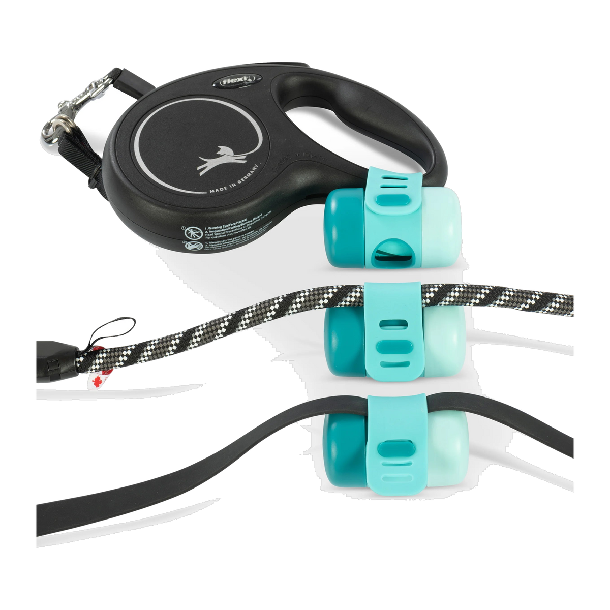 Messy Mutts dispenser strapped to a retractable leash, a rope leash and a flat leash