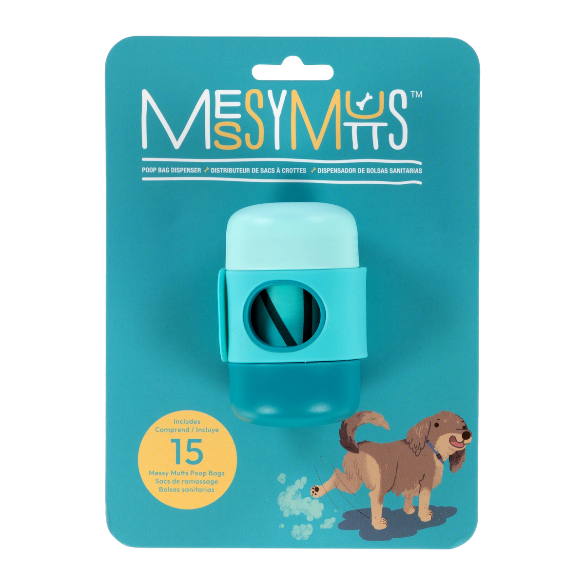 Messy Mutts Poop Bag Dispenser retail package with 15 bags included