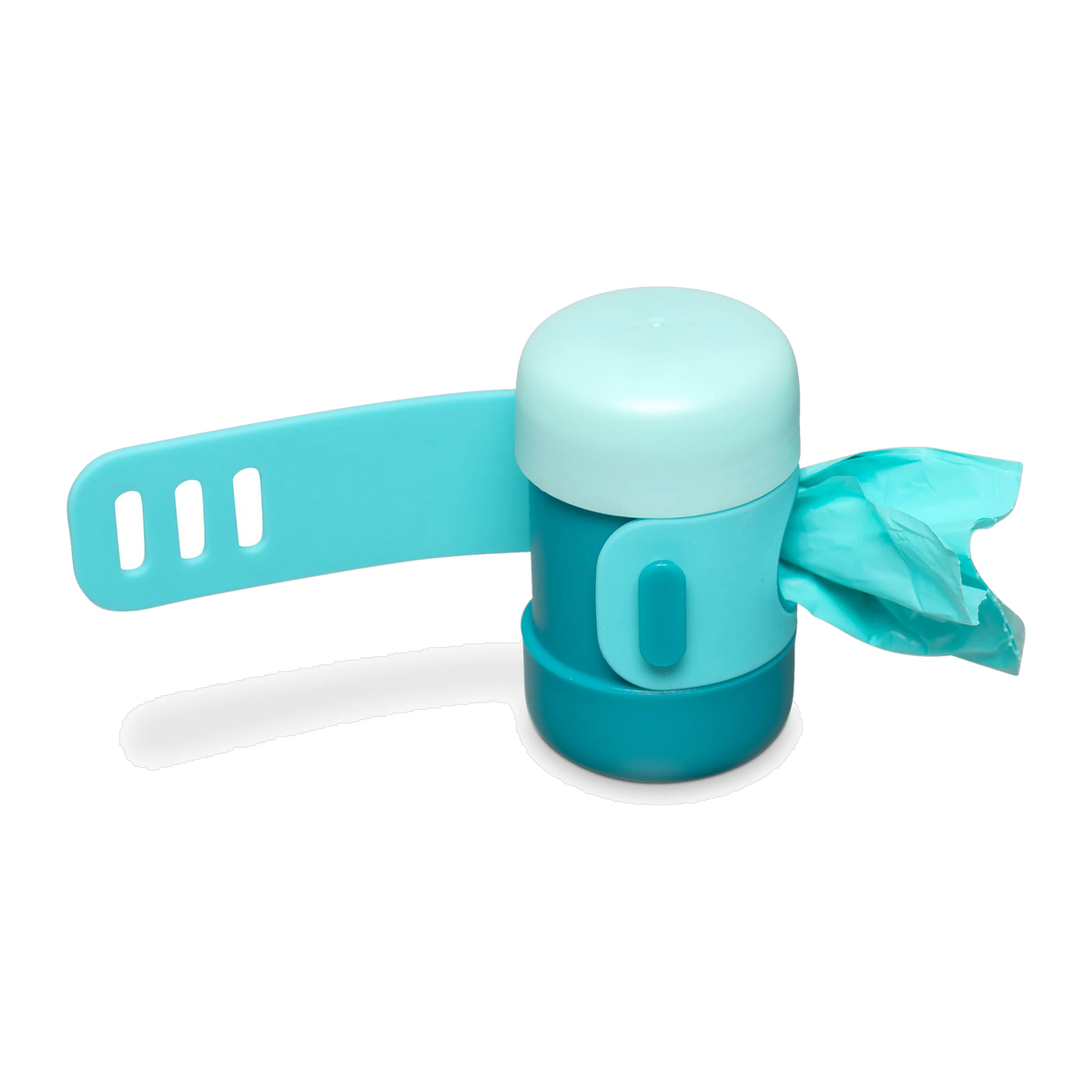 Messy Mutts poop bag dispenser side view showing the silicone leash strap and bag slot