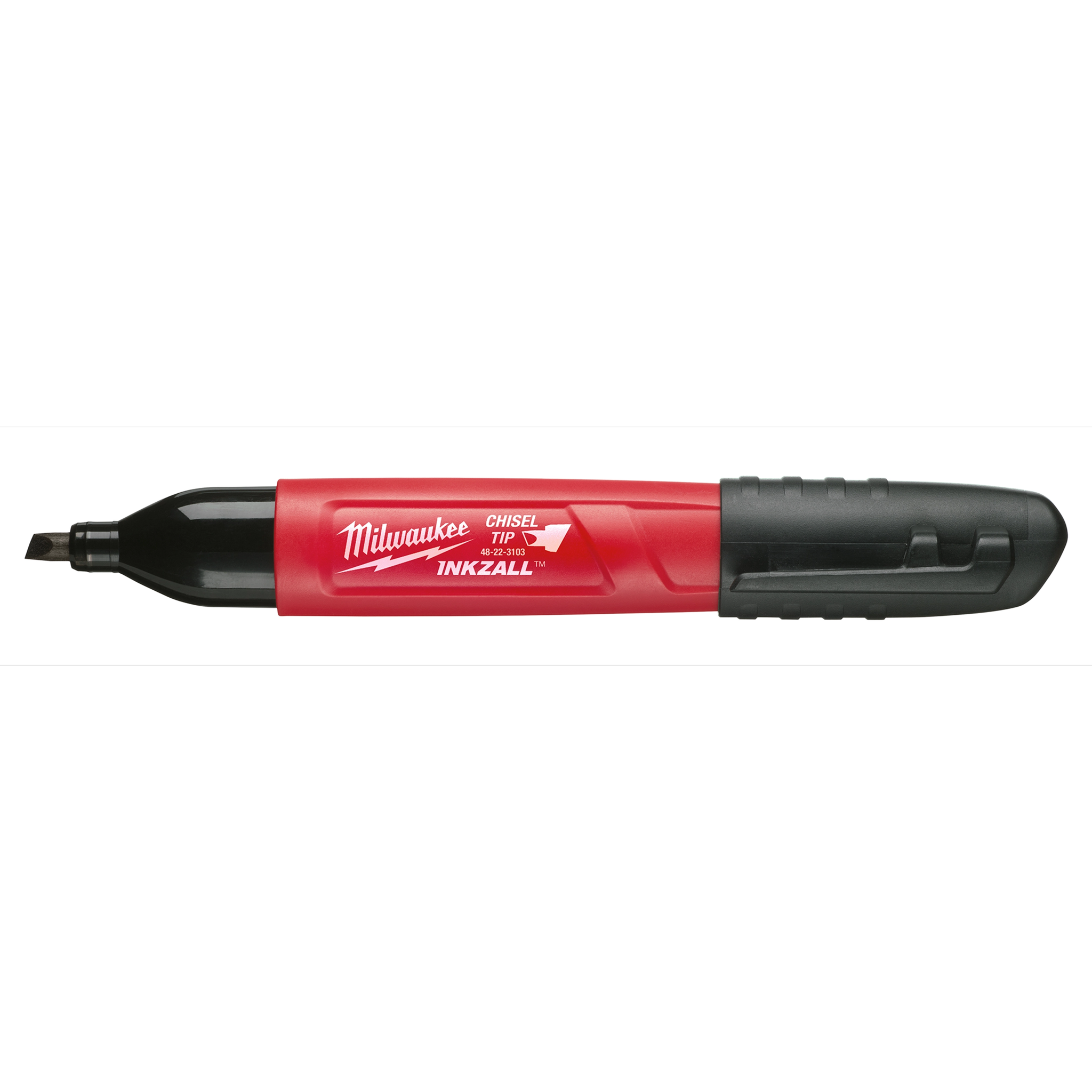 Milwaukee INKZALL Black Chisel Tip Marker - red plastic body with black cap, jobsite marker