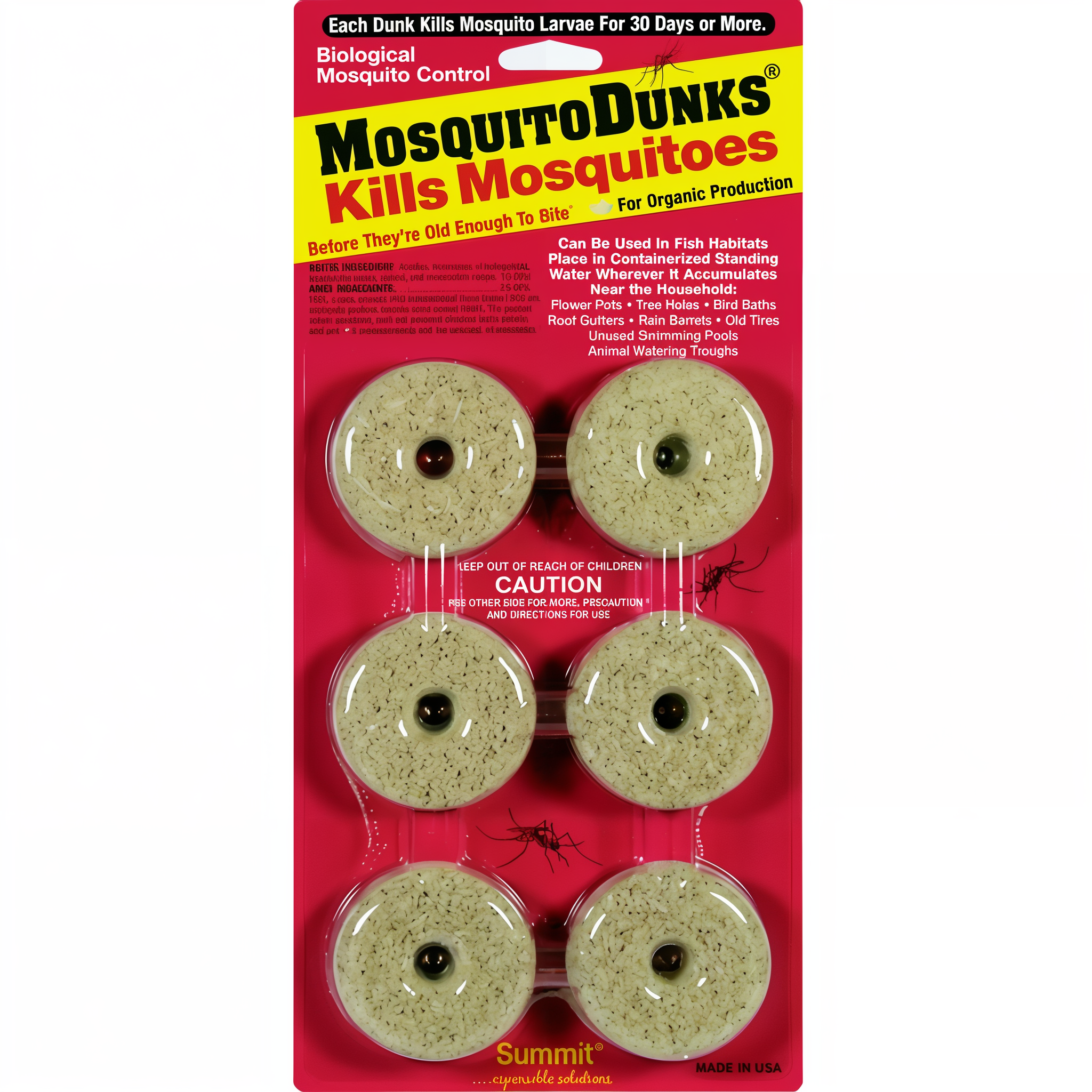 Mosquito Dunks Biological Mosquito Control, six pack for effectively killing mosquito larvae.