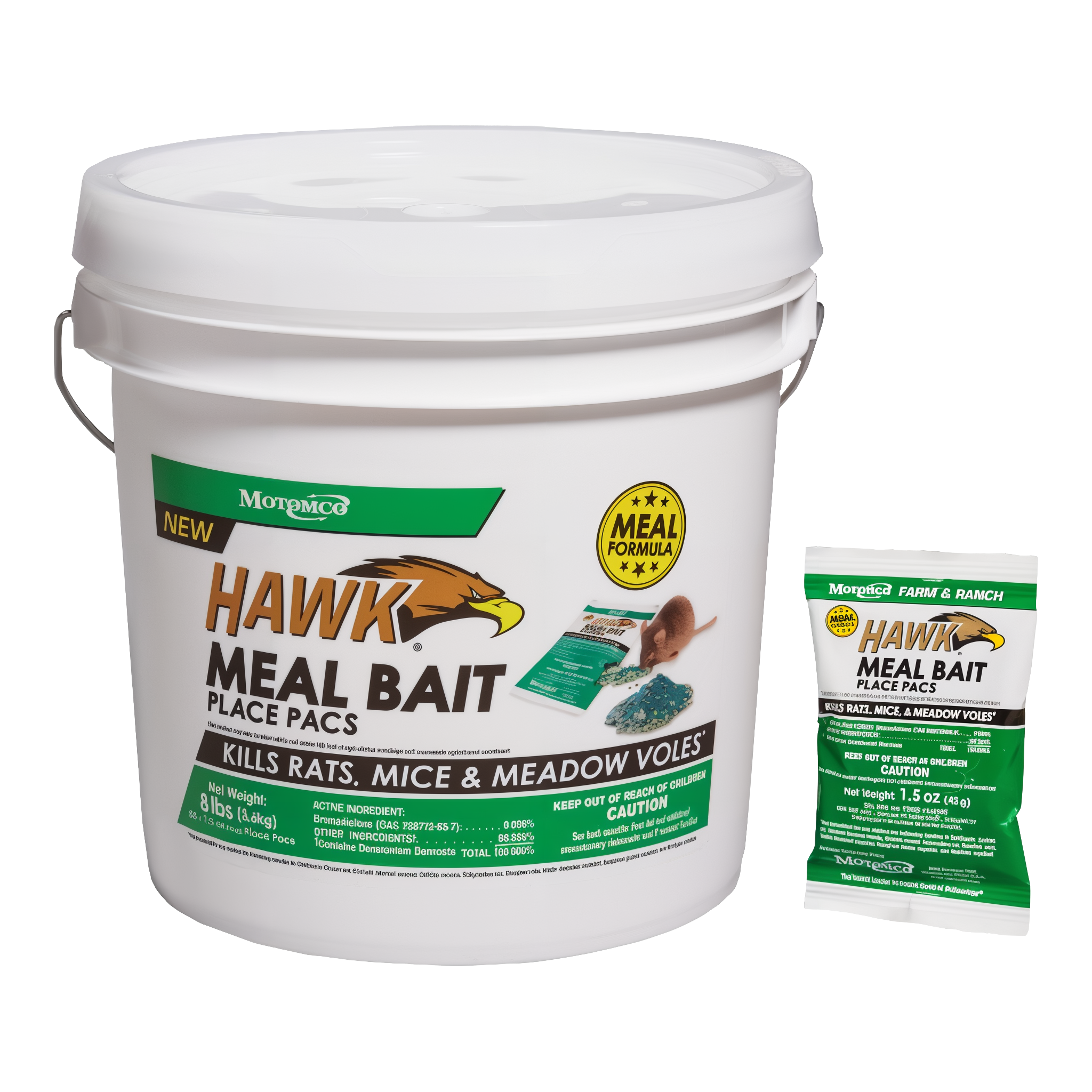 Motomco Hawk Meal Bait Place Pacs 8 lb white plastic pail with Motomco green and brown branding, NEW badge, MEAL FORMULA seal, KILLS RATS MICE AND MEADOW VOLES tagline, Bromadiolone active ingredient label, beside individual 1.5 oz sealed place pack sample