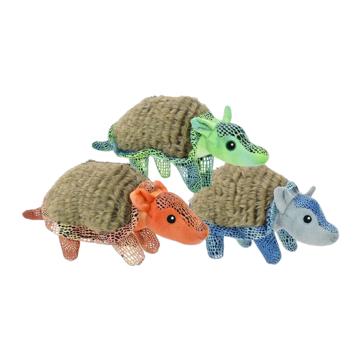Multipet Armadillo plush dog toys with crinkle shells in assorted orange green and blue #Per Unit