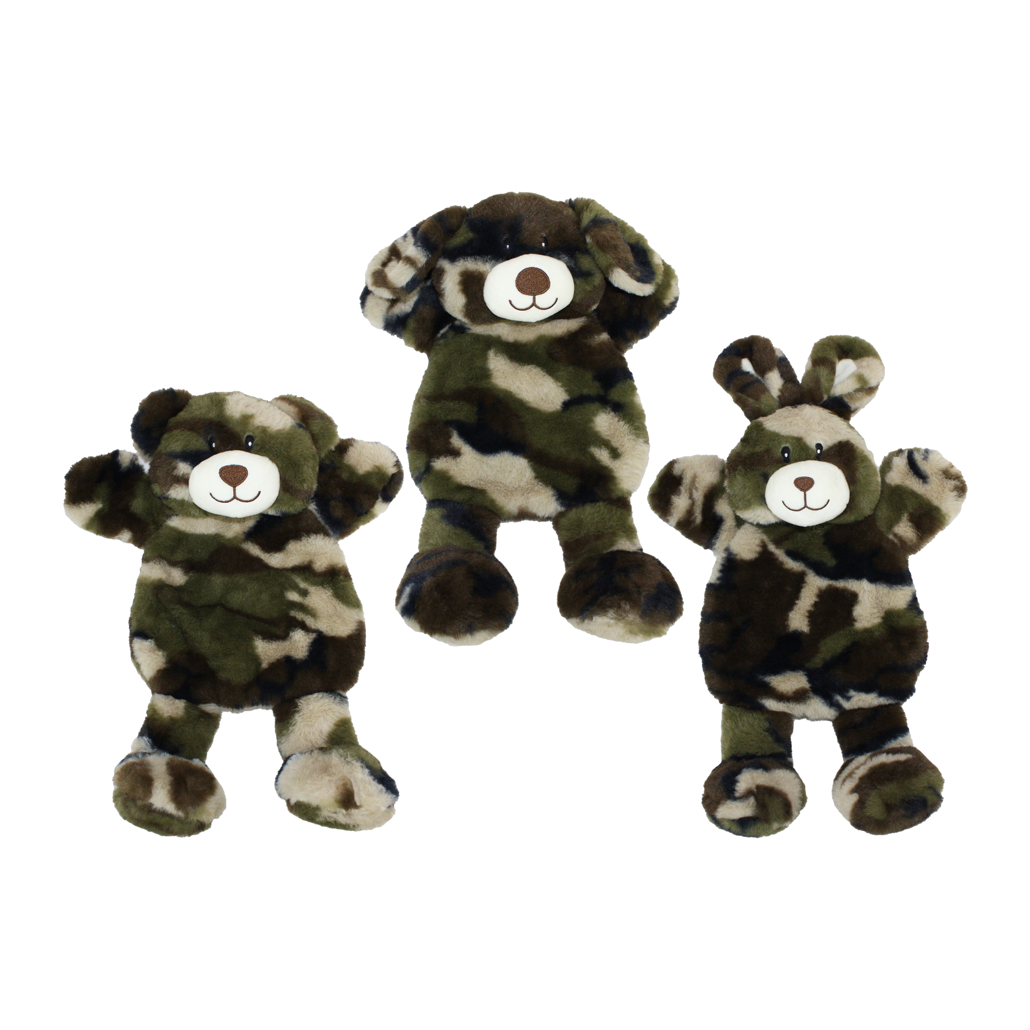 Multipet Camouflage Berman Buddies plush dog toys in woodland camo, bear, dog, and rabbit characters #Per Unit