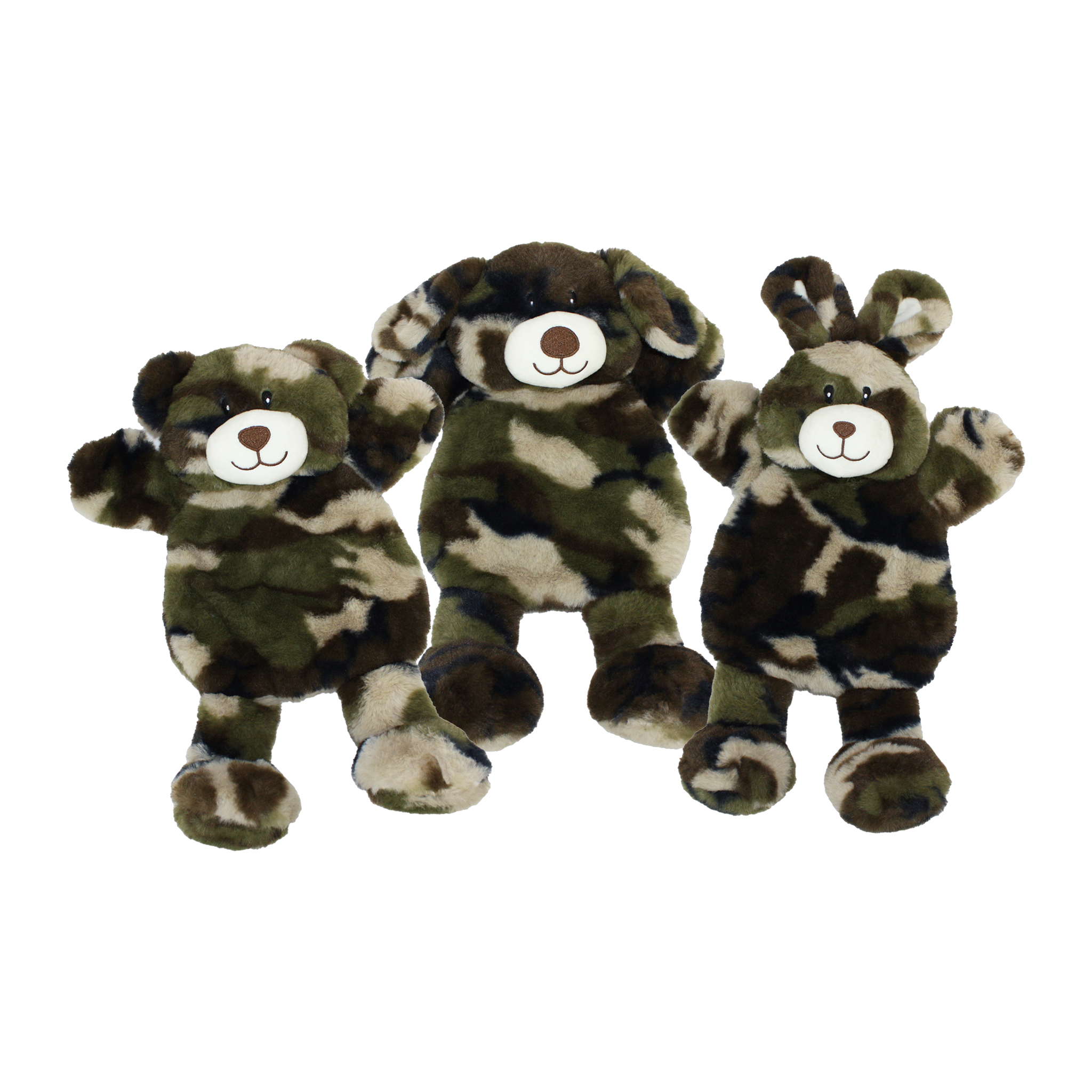 Three Multipet Camouflage Berman Buddies squeaker and crinkle plush dog toys shown side by side