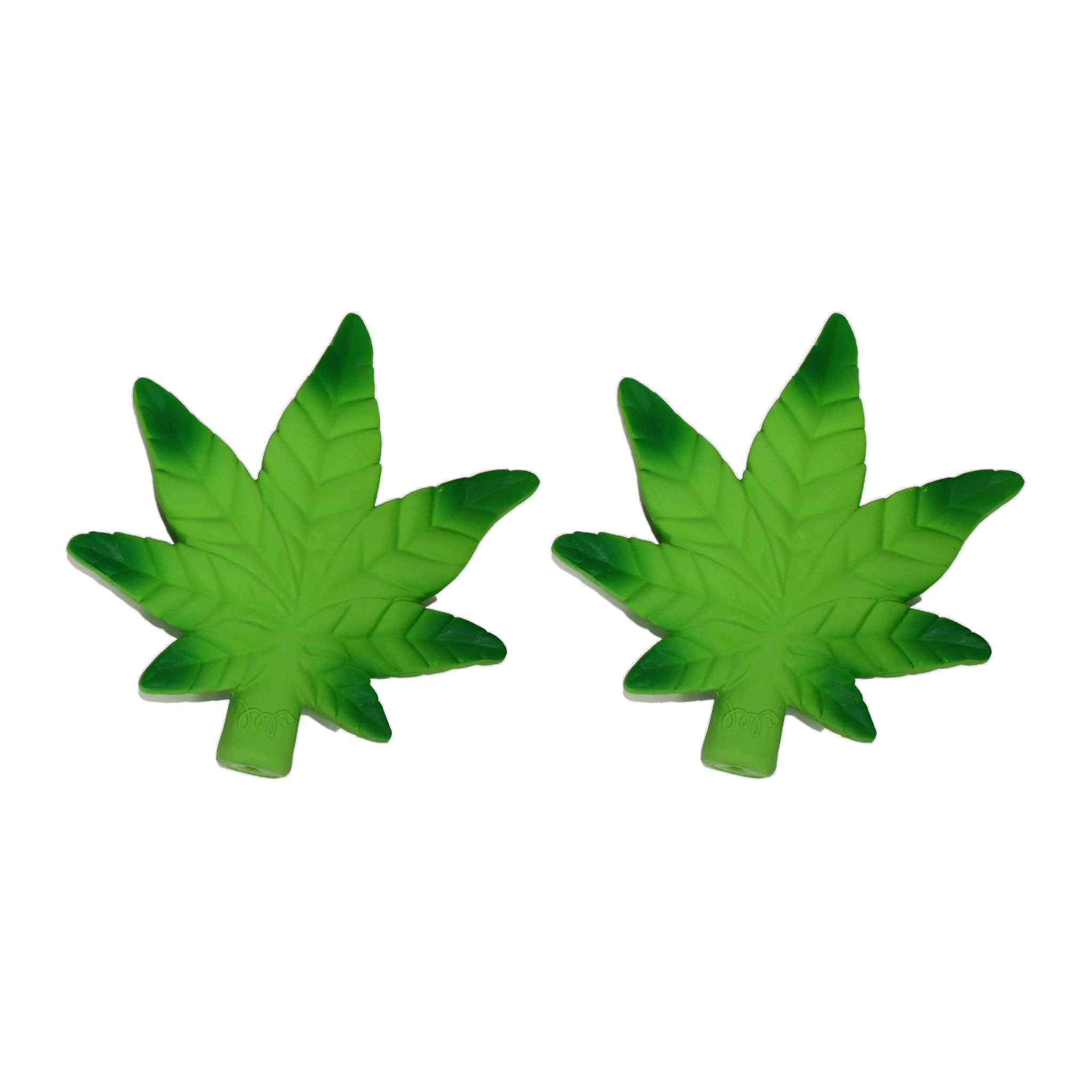 Two Multipet Hemp Leaf latex dog toys at an angle showing the 6 inch size