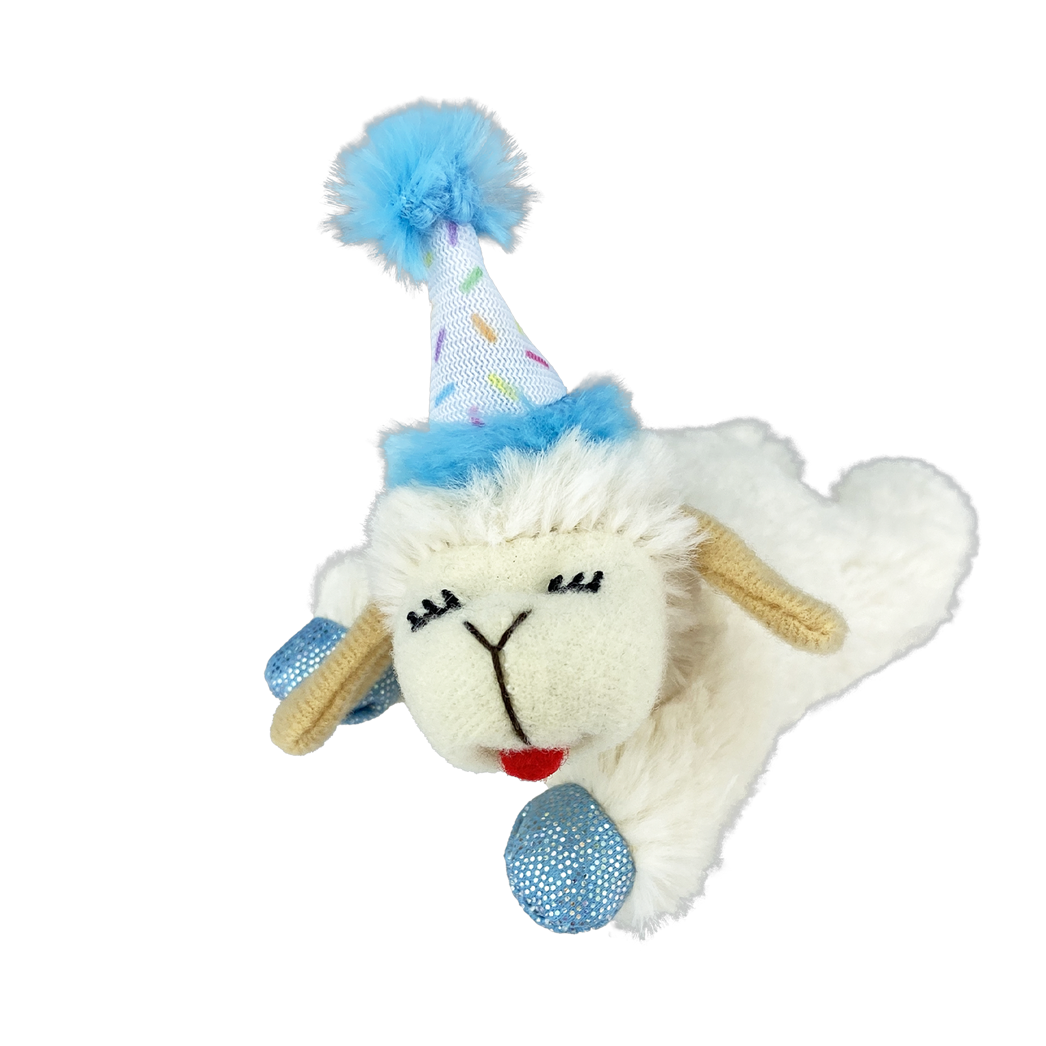 Multipet Lamb Chop Birthday cat toy with a blue pom party hat