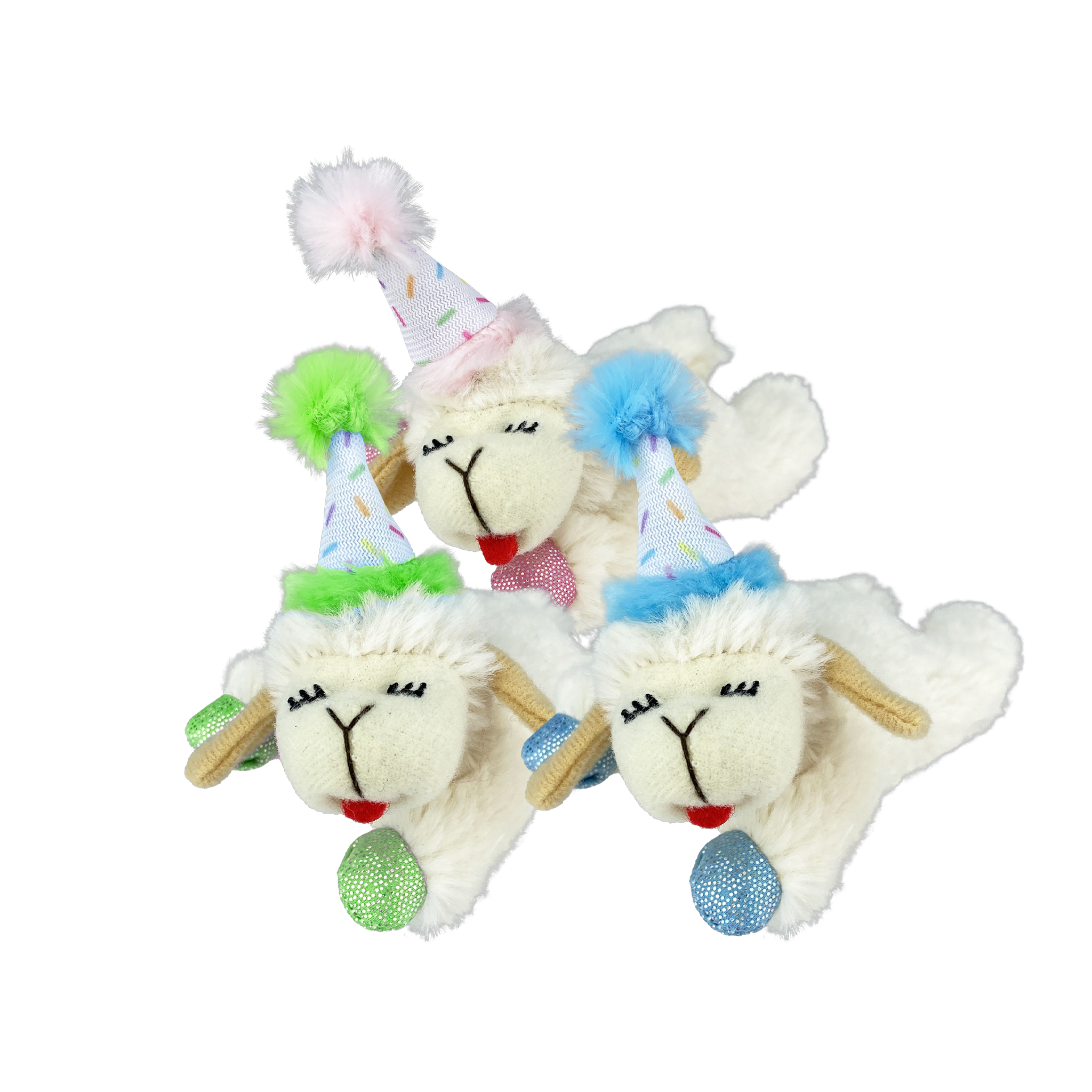 Multipet Lamb Chop Birthday catnip filled plush cat toys wearing glitter party hats #Per Unit