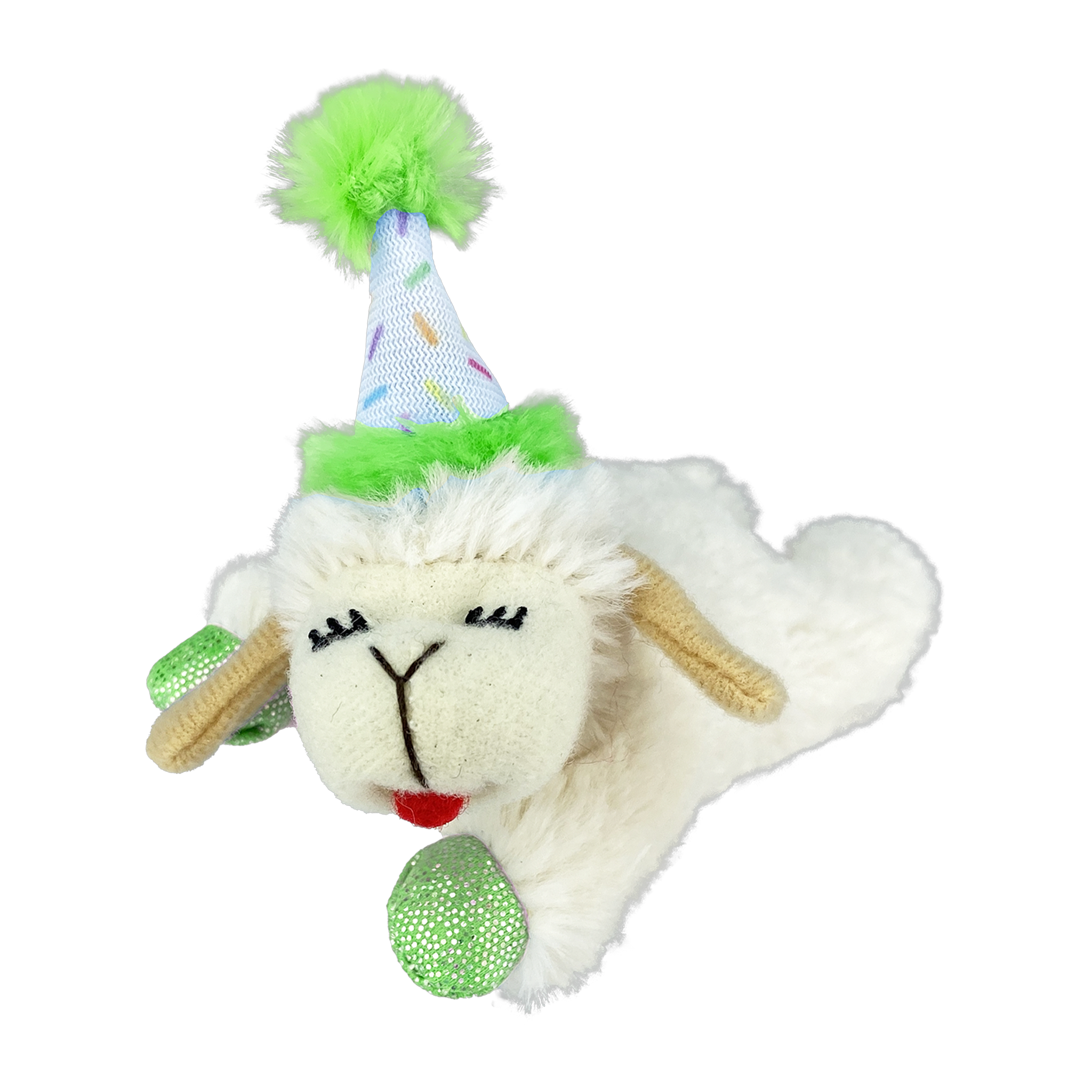 Multipet Lamb Chop Birthday cat toy with a green pom party hat