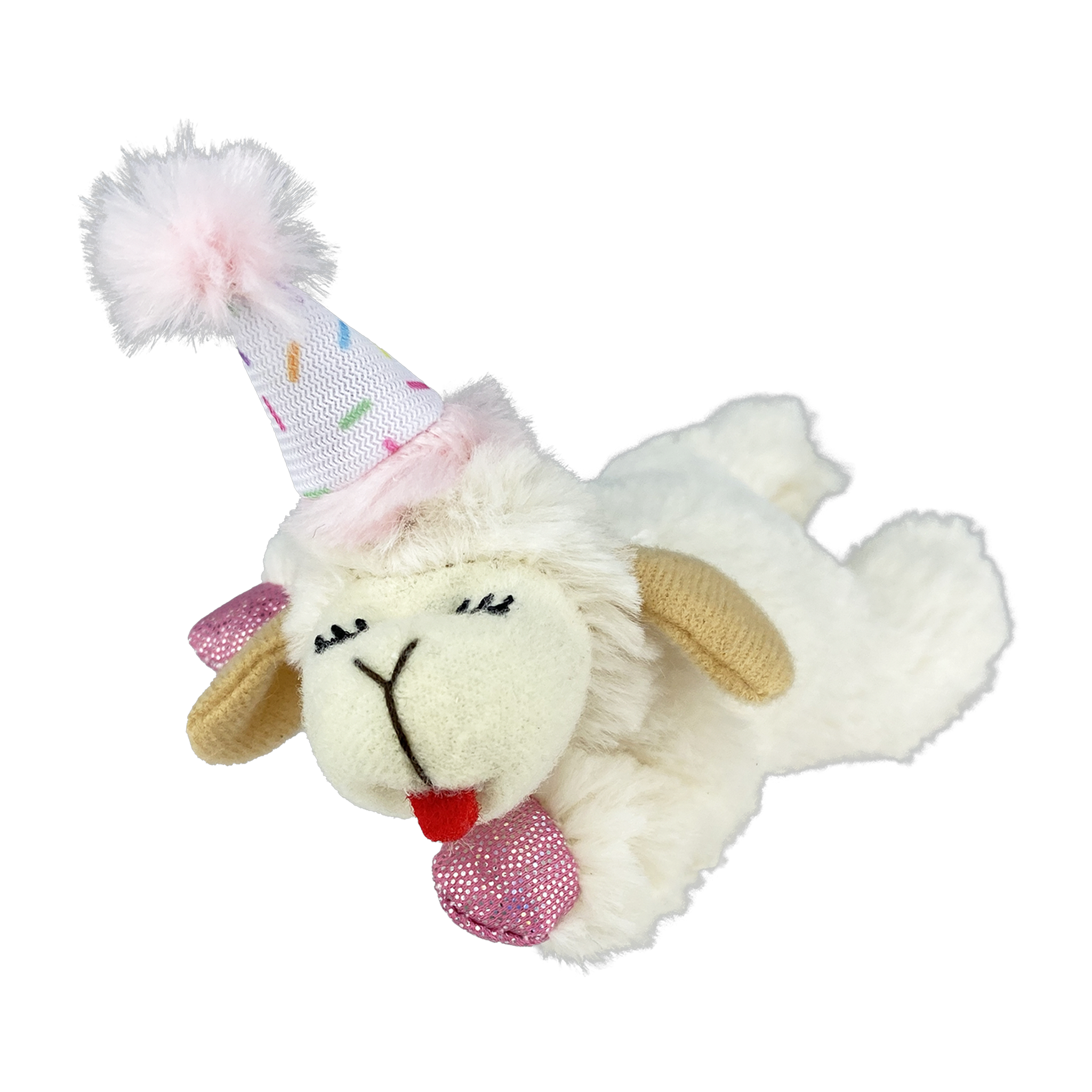 Multipet Lamb Chop Birthday cat toy with a pink pom party hat