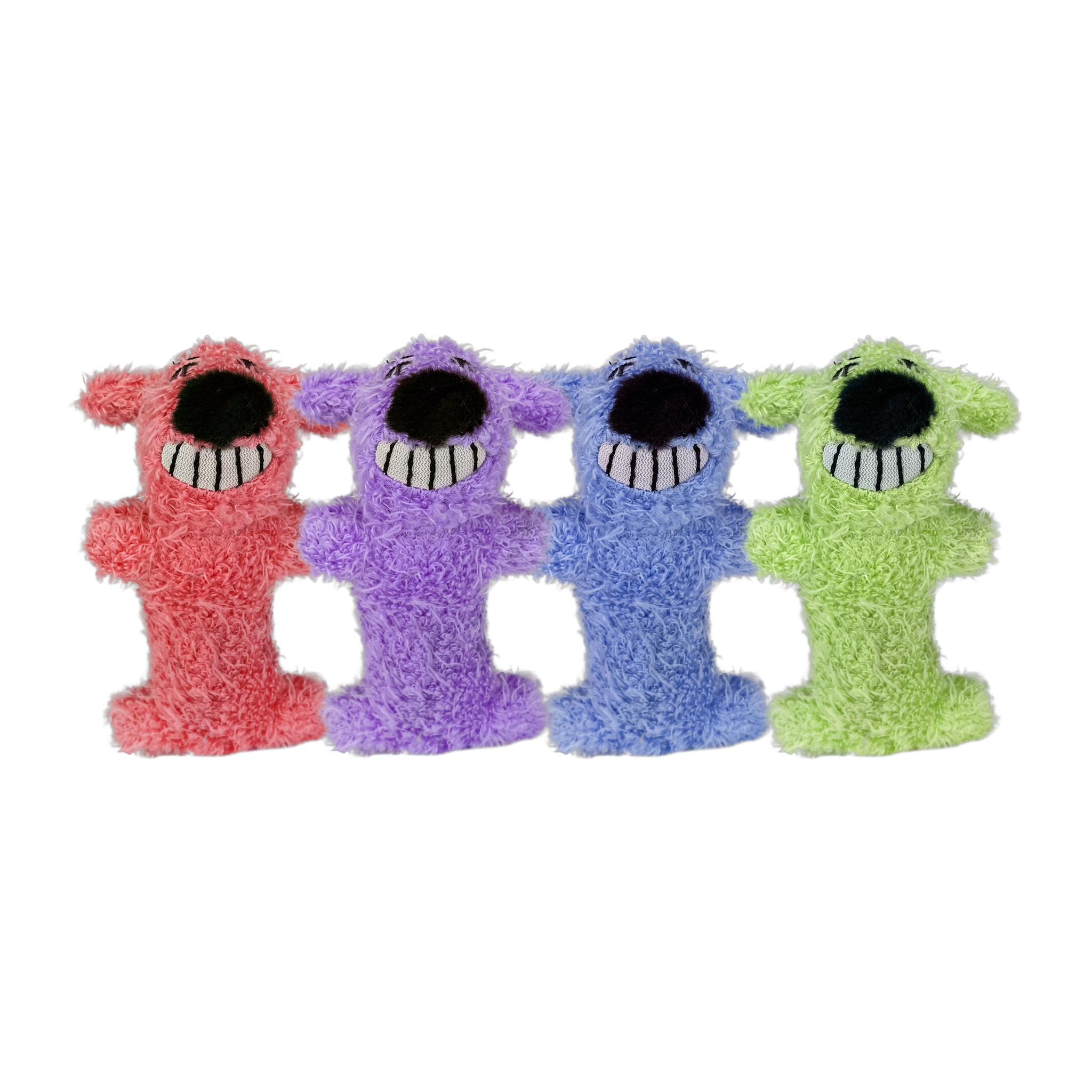 Multipet Loofa Dog for Cats 3 inch catnip plush toys in four assorted colors