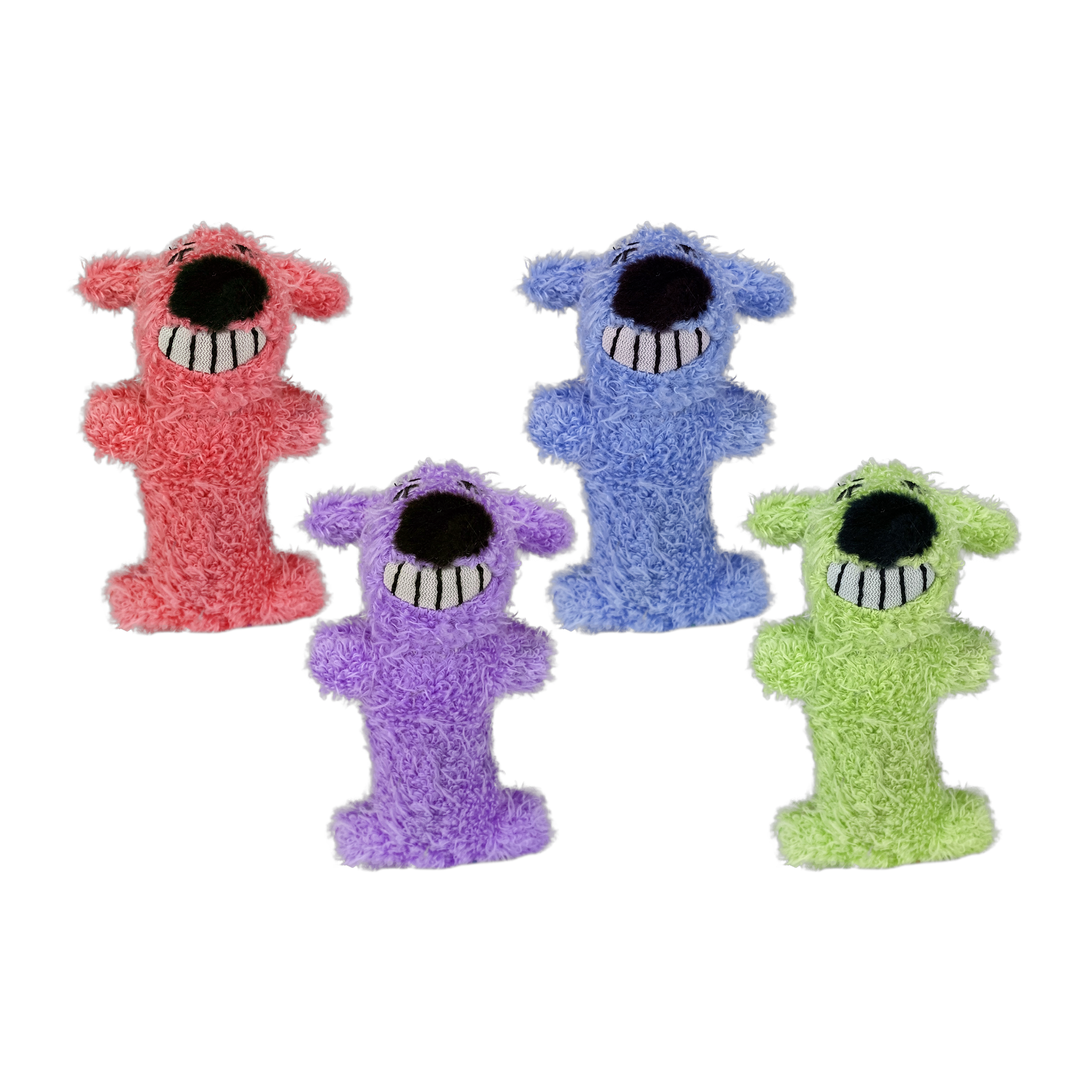 Assorted coral purple blue and green Multipet Loofa Dog cat toys with smiling faces