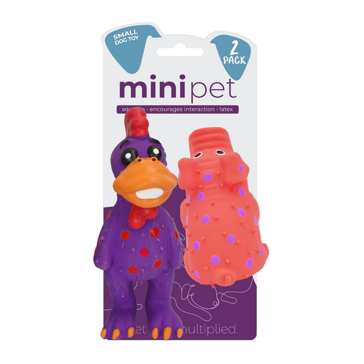Multipet Minipet 2 pack retail card with purple latex Globken chicken and red Globlet pig squeaker dog toys