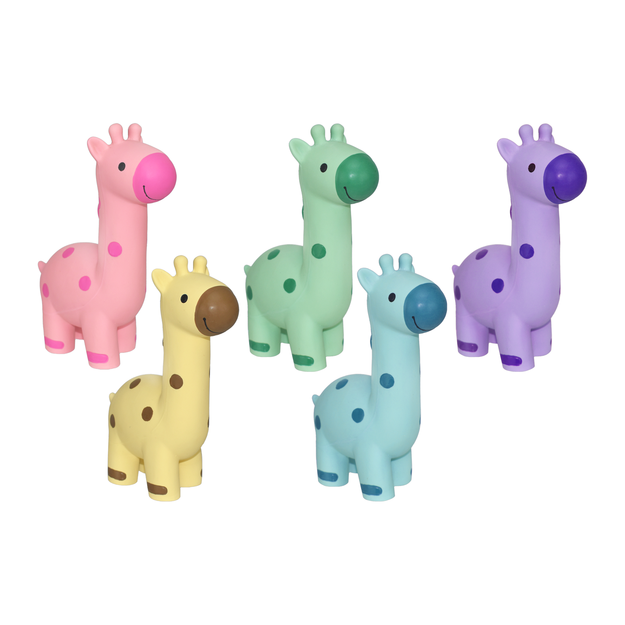 Four Multipet Minipet latex giraffe dog toys in pink, yellow, green, and purple